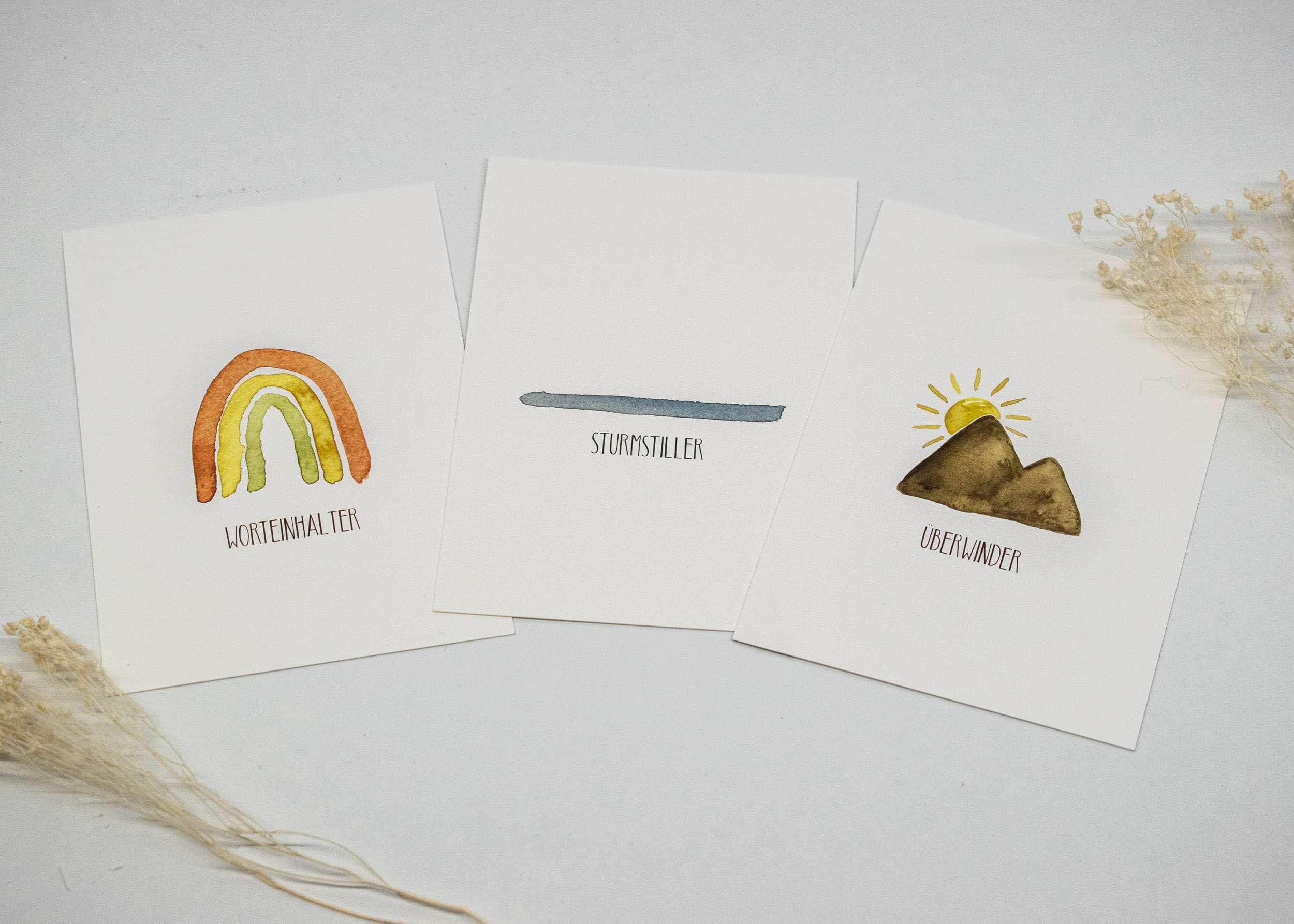 Farbenfrohe Watercolor-Karten mit christlichen Worten, passend für Glauben und Inspiration.