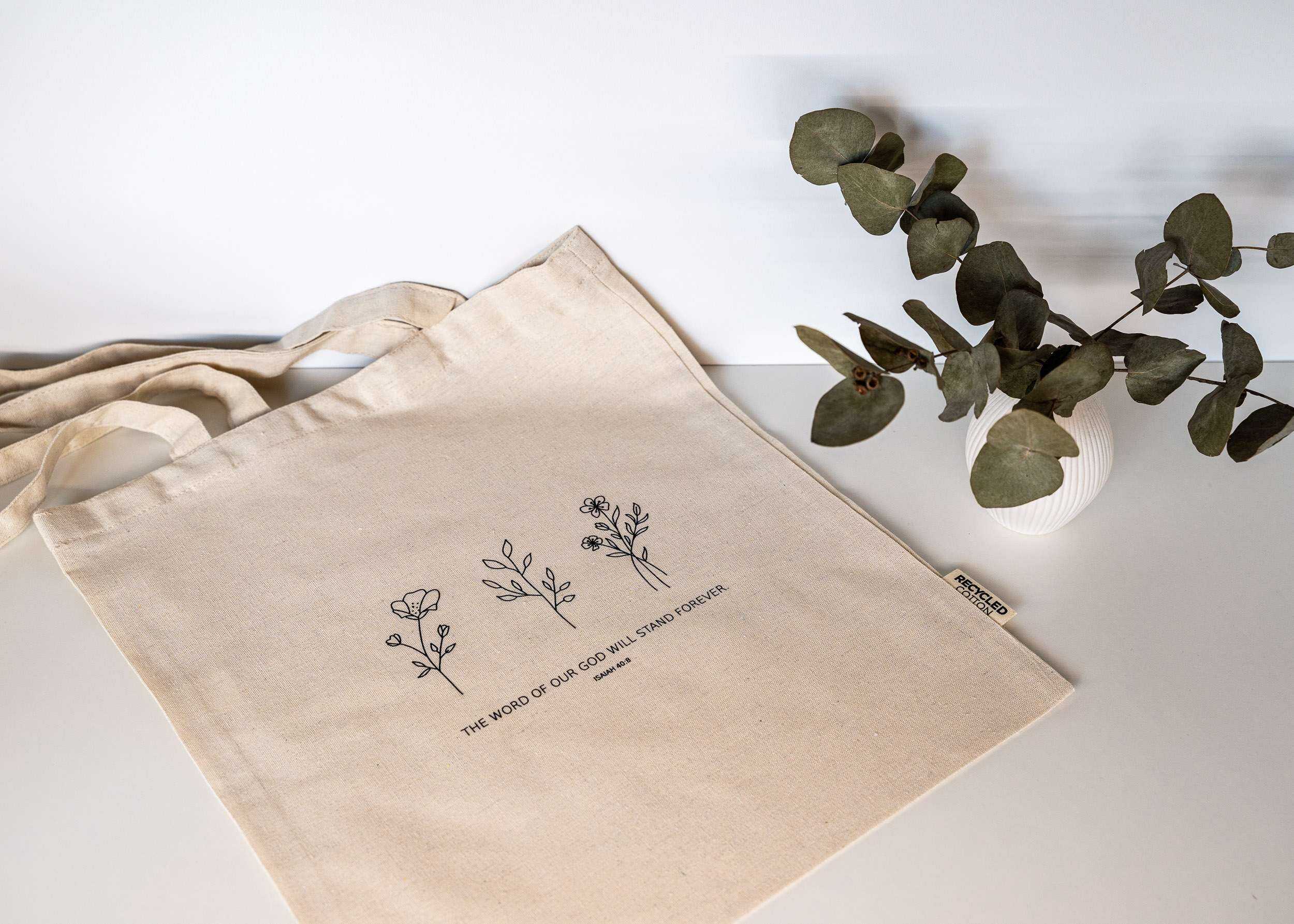 BAUMWOLLTASCHE 2 Naturstoff Einkaufstasche mit Bibelvers, nachhaltige christliche Produkte, ökologische Marken.