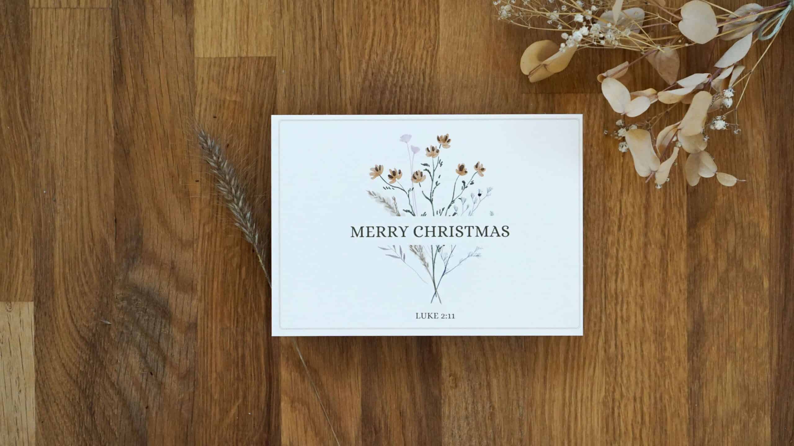 Weihnachtsset Tasse & Karten 4 Herzliche Weihnachtskarte mit Blumenmuster und Bibelvers, Christliche Grußkarte.