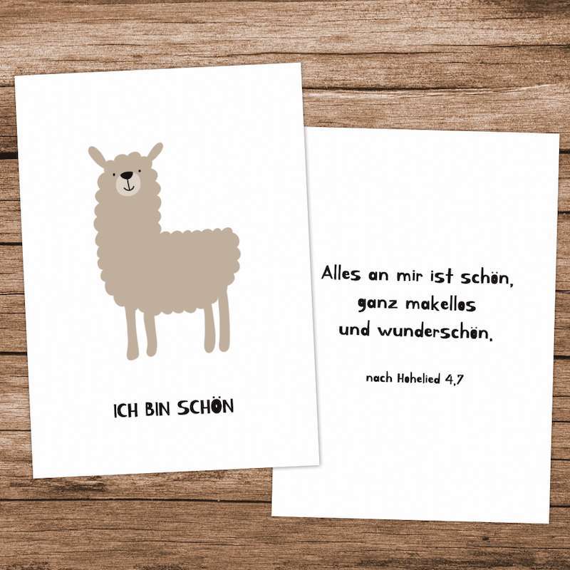 AFFIRMATIONSKARTEN FÜR KINDER: ICH BIN WERTVOLL - 15 KARTEN, DIE MICH STARK MACHEN 6 Niedliche christliche Grußkarte mit Lama und Bibelvers für Glaube und Hoffnung.