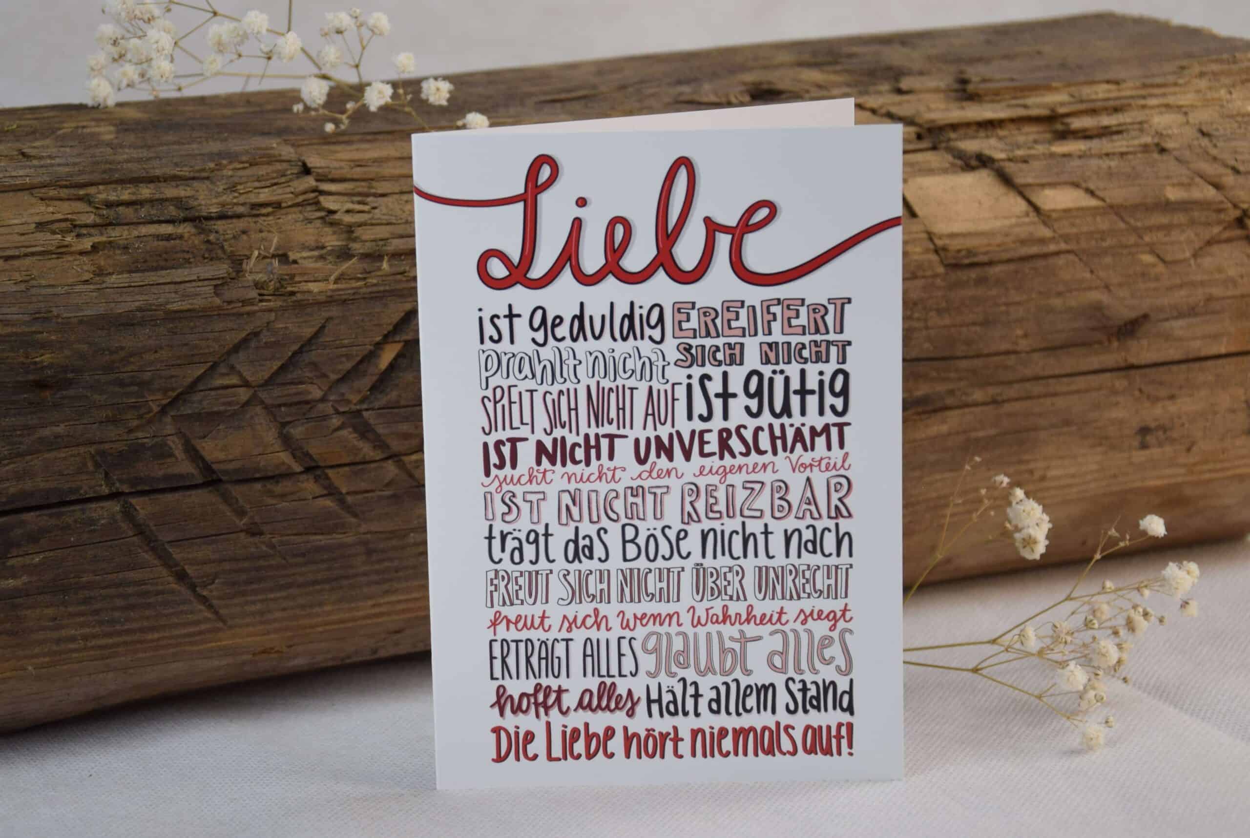 Liebe ist geduldig, christliche Botschaft, Karte mit Liebesversprechen, christliche Grußkarte.