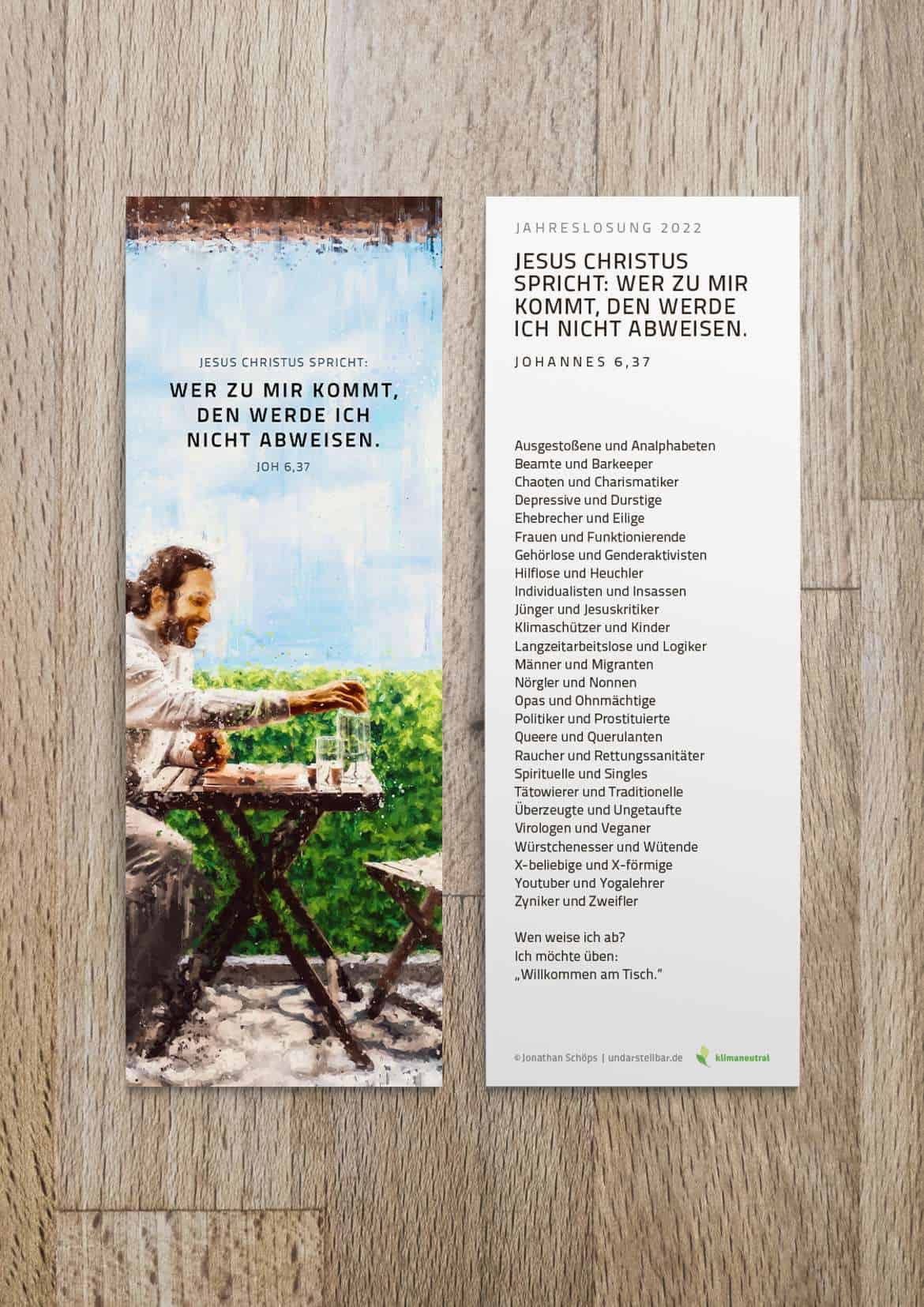 Gottesbotschaft auf kreativ gestalteter Karte mit Zitat von Jesus Christus.