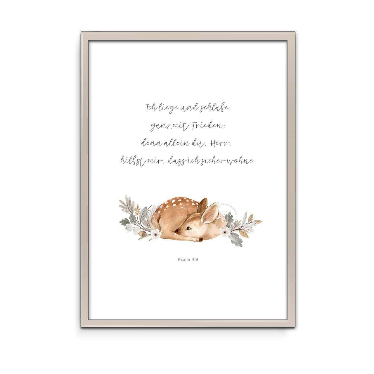 Poster A4 Psalm 4,9 2 Sanfte christliche Zitate mit Reh und Blumendekor, Bibelvers Psalm 4,9, stilvoller Druck.