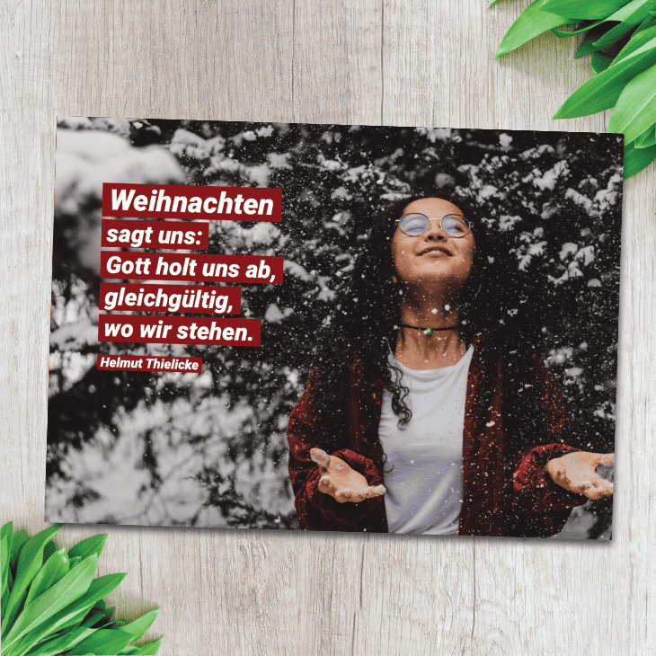 Postkarte - Weihnachten 1 Gelassenheit im Schnee, christlicher Glaube, Weihnachtsbotschaft, inspirierende Cola, Mookho Marketplace.