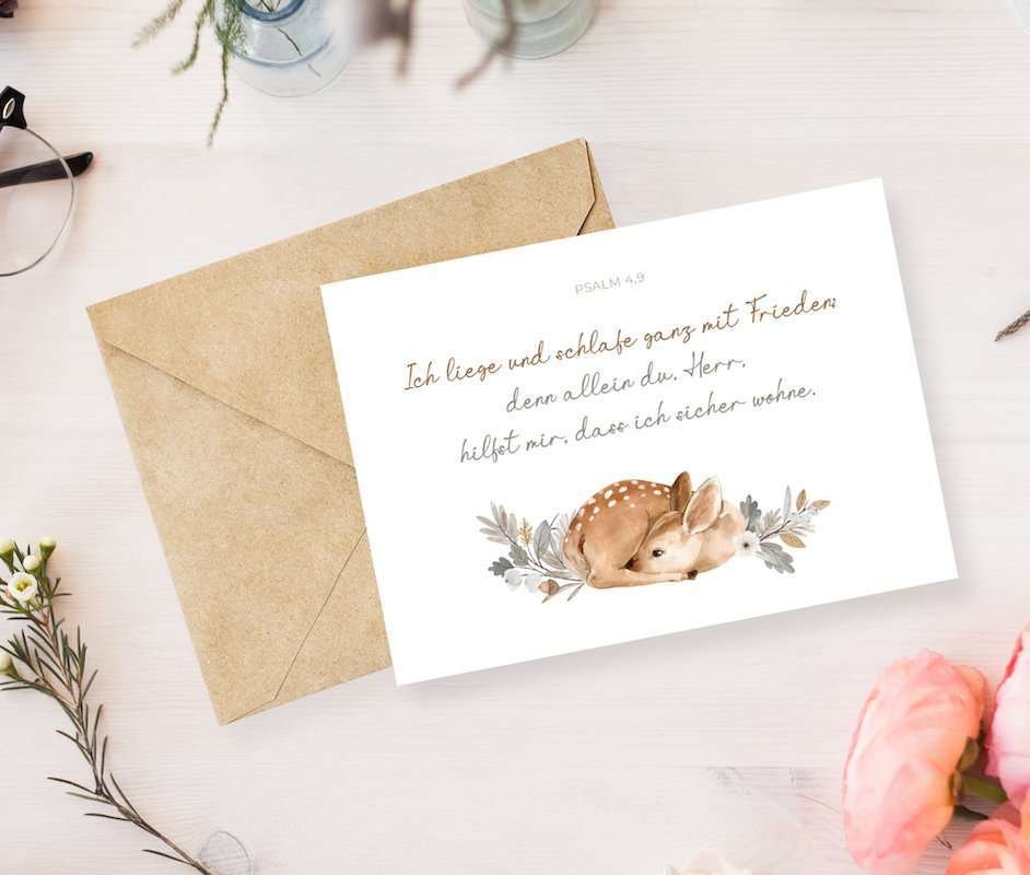 Zauberhafte christliche Grußkarte mit Bibelvers, Tiere und Naturmotiv, religiöse Botschaft.