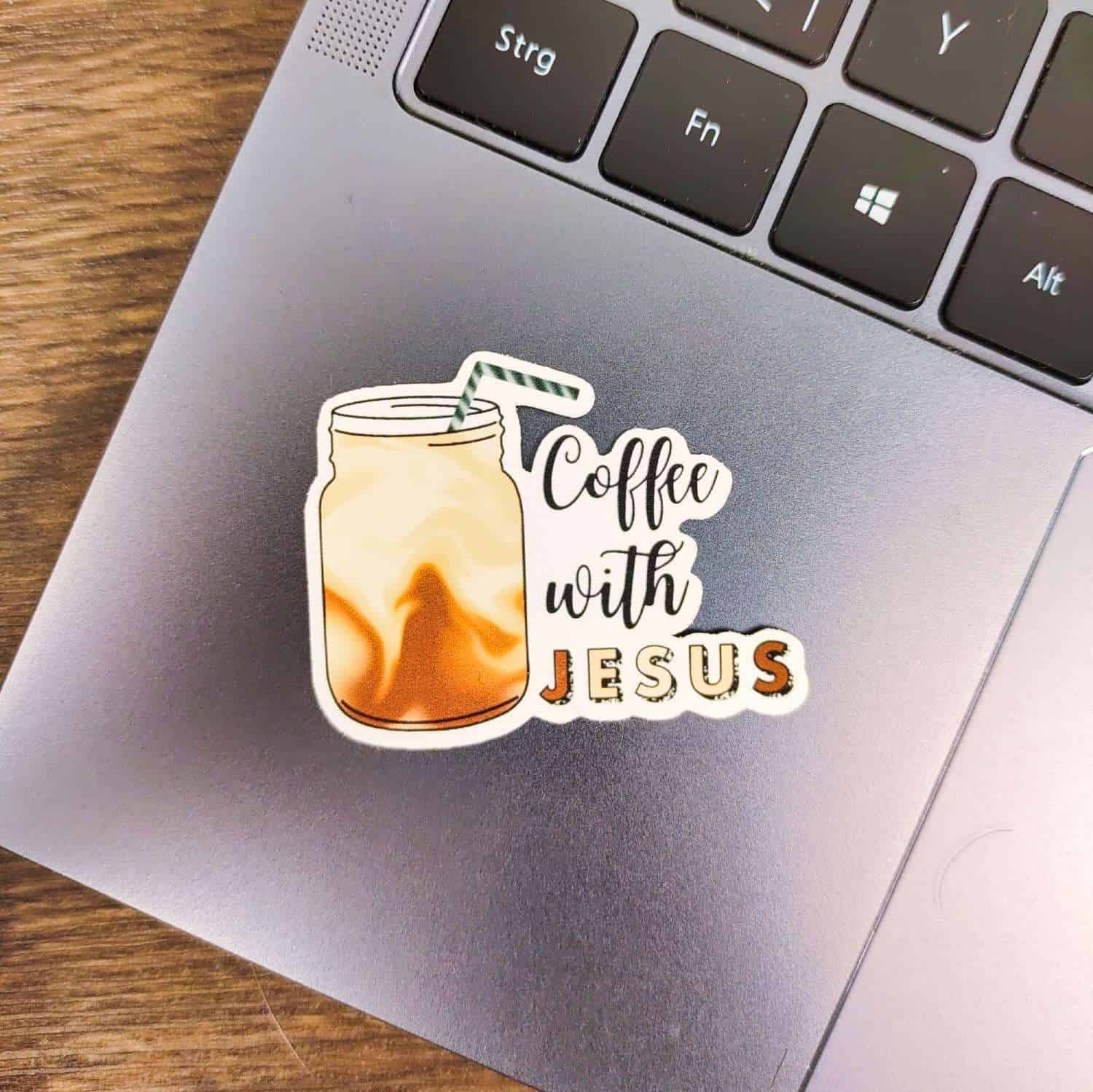 5x Coffee with Jesus - Sticker 1 Sticker mit Jesus-betontem Kaffeemotiv auf Laptop, christliche Markenartikel, Glaube und Kaffee.