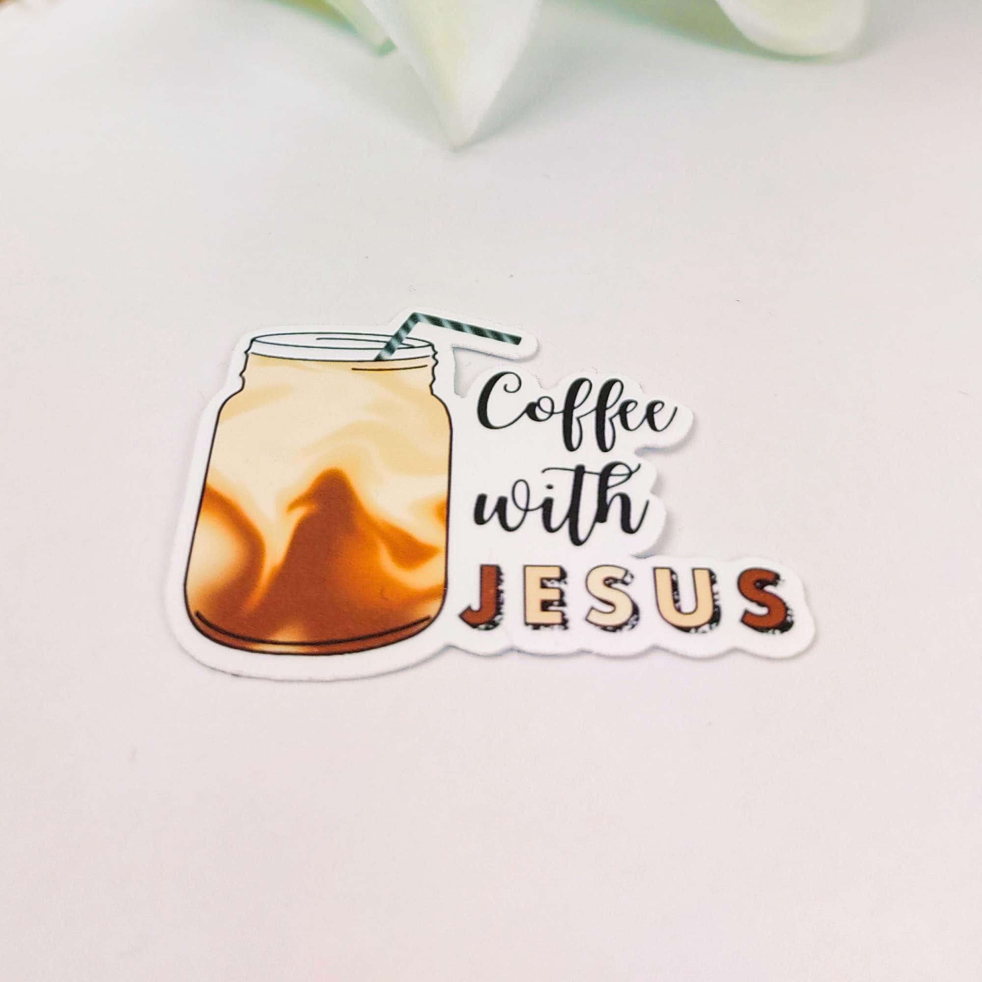 5x Coffee with Jesus - Sticker 5 Gebetsaufkleber mit Spruch "Coffee with Jesus" für christliche Marken und Spiritualität.