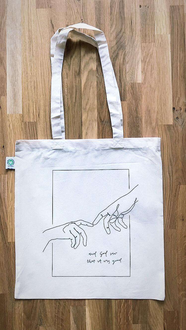 Jutetasche "it was good" 2 Leinwand Tasche mit biblischem Motiv und handgeschriebener Botschaft, ökologische Christian Produkte.