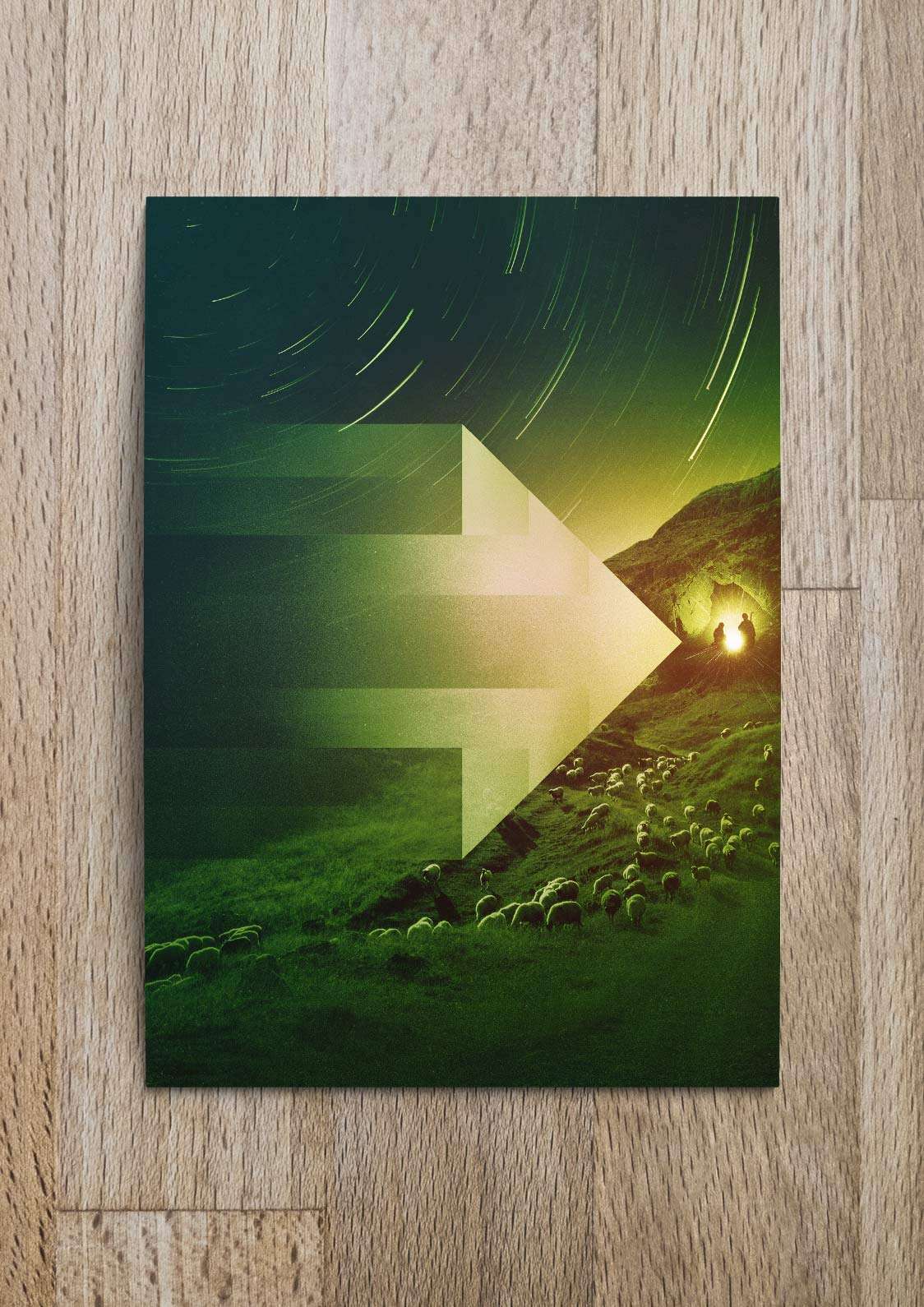 Himmelsnacht mit Sternen über grüner Landschaft und Schafen, modernes christliches Design.