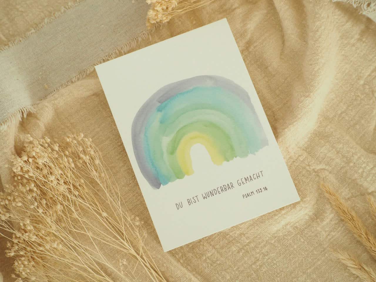 Du bist wunderbar gemacht, Postkartenset, 4er Set, DIN A6 4 Hoffnungsvoller Bibelspruch mit Regenbogen und Naturakzenten für christliche Botschaften.