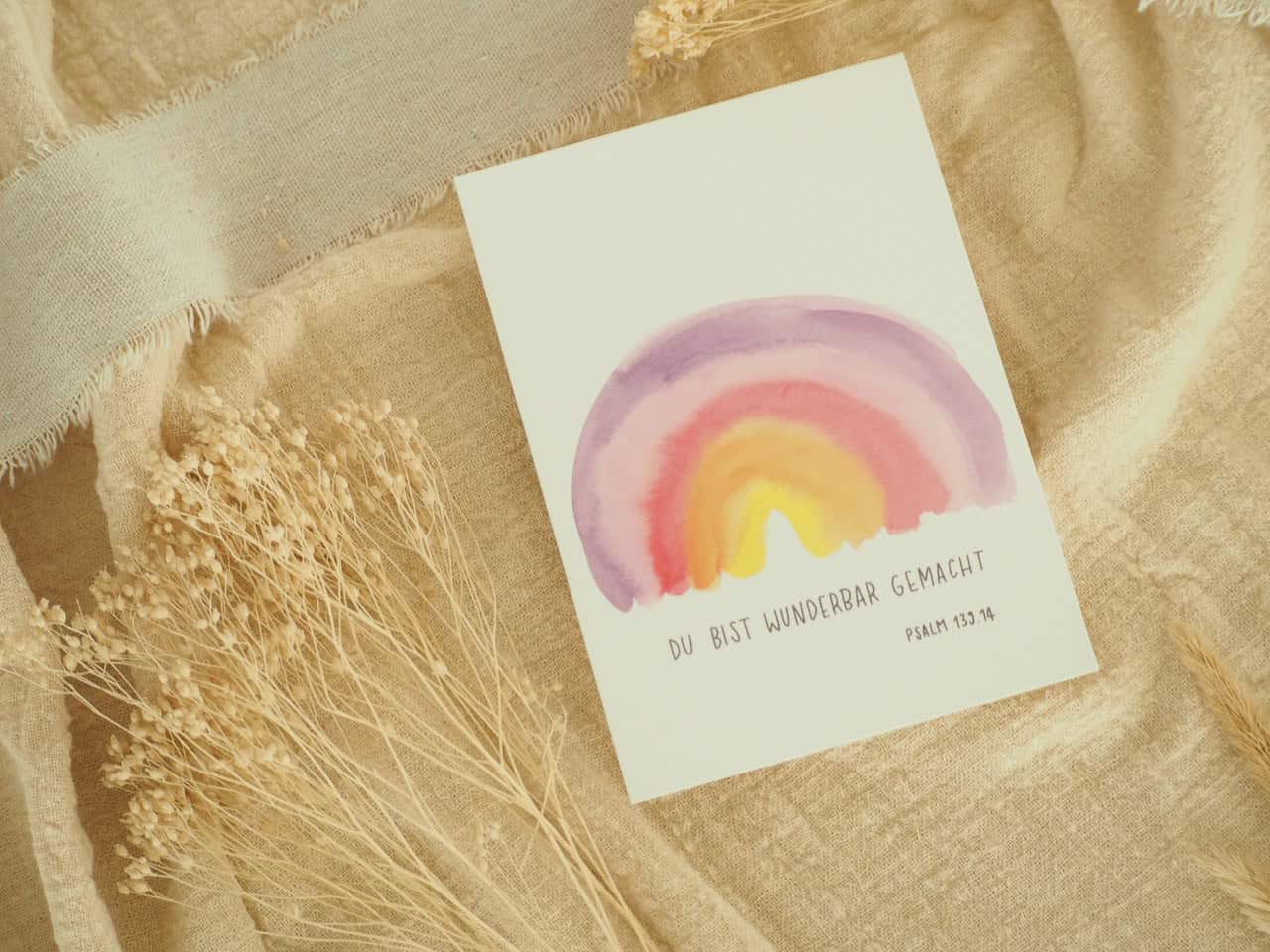 Du bist wunderbar gemacht, Postkartenset, 4er Set, DIN A6 3 Schöne biblische Grußkarte mit Regenbogen und Psalm 139.14, christliche Botschaft, Motivation.