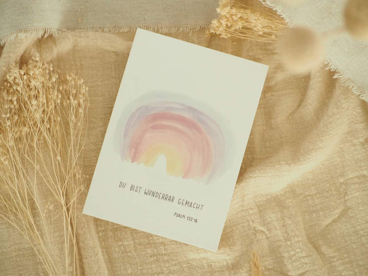Du bist wunderbar gemacht, Postkartenset, 4er Set, DIN A6 2 Segnungskarte mit Regenbogen und Bibelvers, christliche Grüße, Gottes Liebe, Hoffnung.