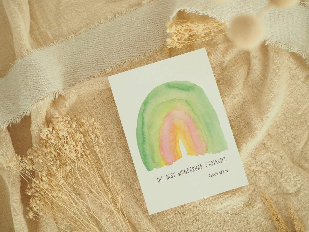 Du bist wunderbar gemacht, Postkartenset, 4er Set, DIN A6 5 Farbenfrohes Gebets-Postkarten mit Regenbogendesign und Psalm 139,14 Motiv.
