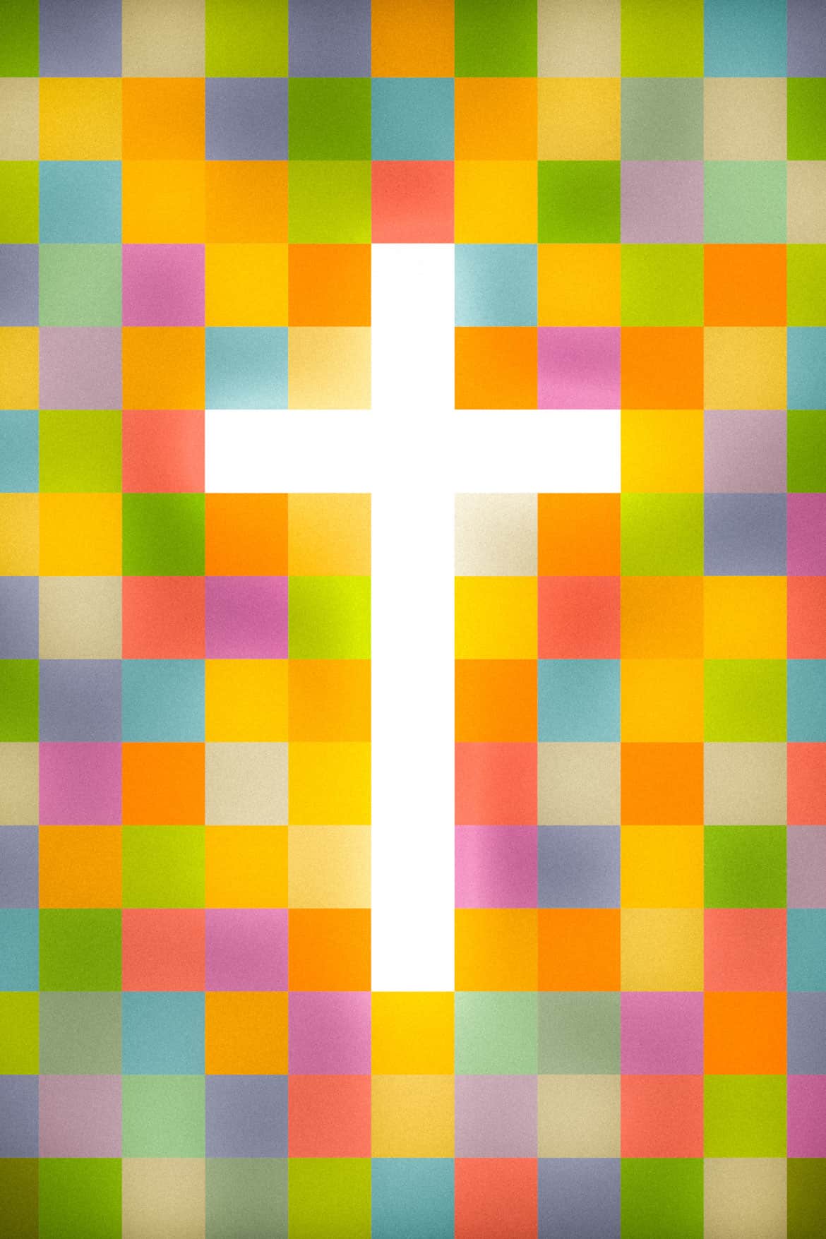 Frühlingsleuchten Leinwand — christliche Wanddeko zu Ostern mit Kreuz 6 Gebetskreuz auf bunter Mosaikwand, christliche Symbolik, religiöse Dekoration, christliches Design.