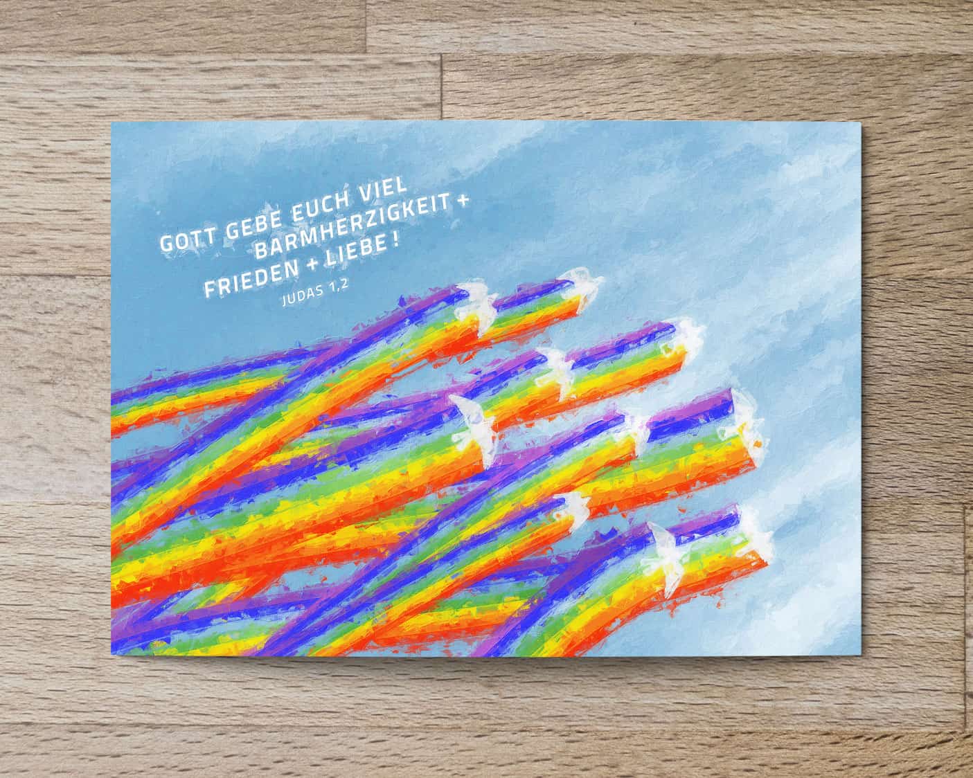 Vielfältige Regenbogen-Illustration mit Friedensbotschaft und Bibelvers.