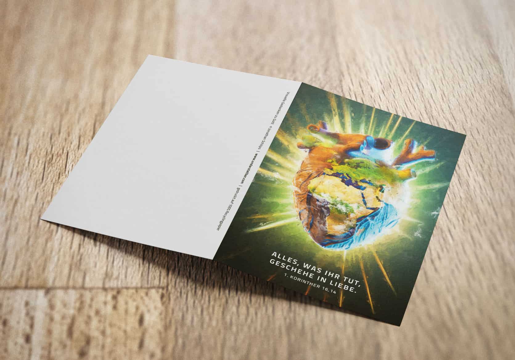 Jahreslosung 2024 Faltkarte mit Umschlag Motiv Globales Herz 9 Glaube Inspiriertes Kunstdruck mit Weltkartenmotiv für Christen, religiöse Dekoration.