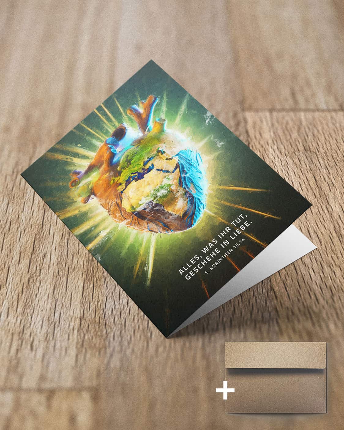 Glaubenskarte mit Herz und Weltbild, christliche Botschaft, religiöse Grußkarte, christliches Geschenk.