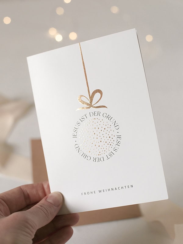 Gebet Weihnachtskarte mit christlichem Weihnachtsgruß und weihnachtlichem Design.