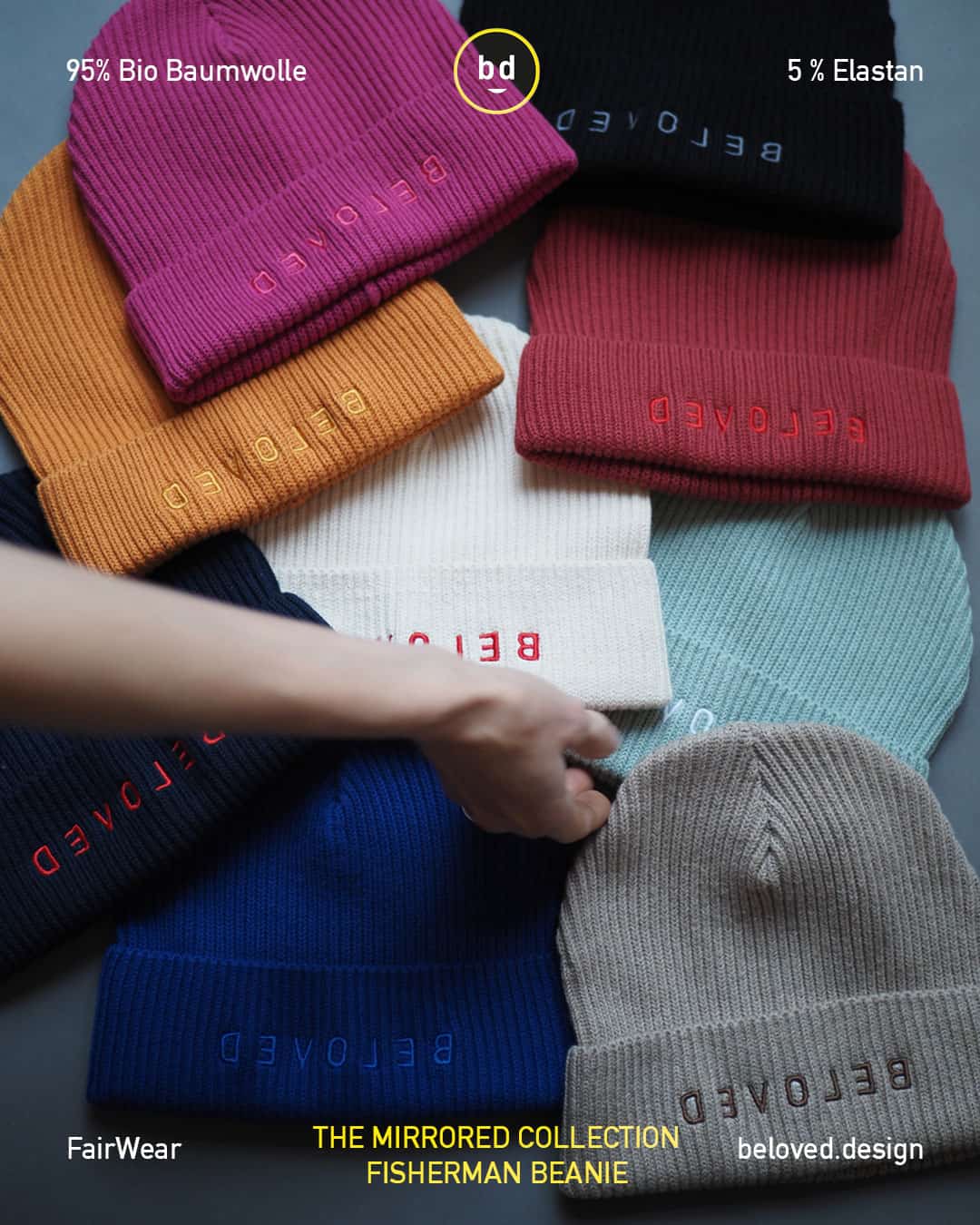 BELOVED Beanie | Aloe | Fairwear | 95% Bio-Baumwolle | Mirrored Collection 4 Verschiedene bunte Fischer-Mützen aus Bio-Baumwolle und Elastan, nachhaltige Modestruktur.