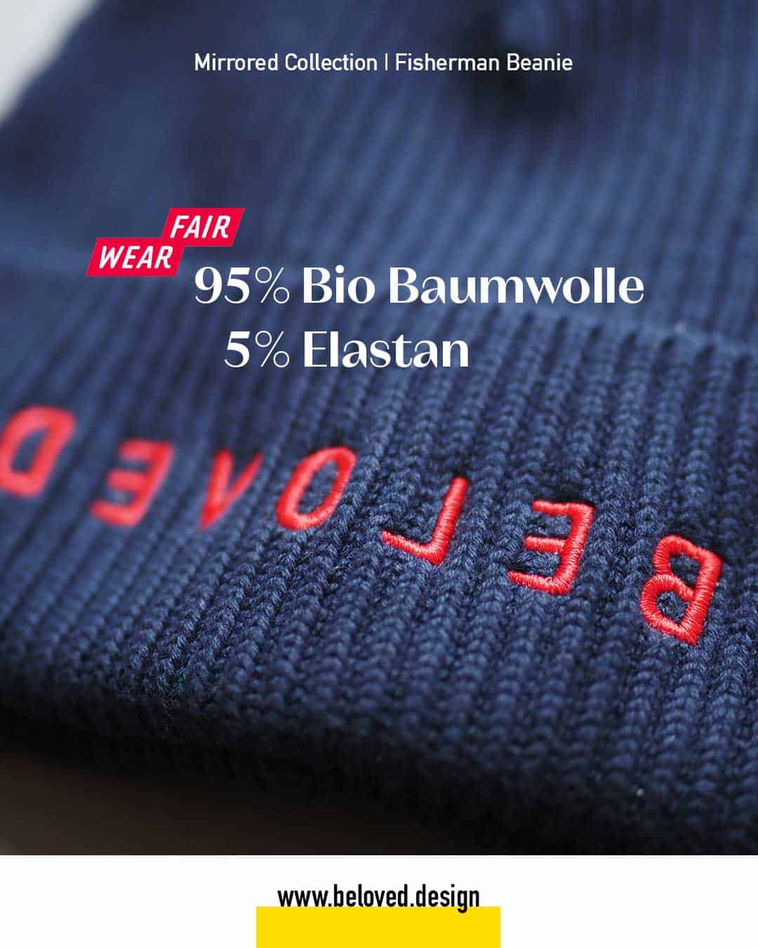 BELOVED Beanie | Marineblau | Fairwear | 95% Bio-Baumwolle | Mirrored Collection 4 Herren Mütze aus Bio-Baumwolle mit fairer Produktion, religiöses Design.