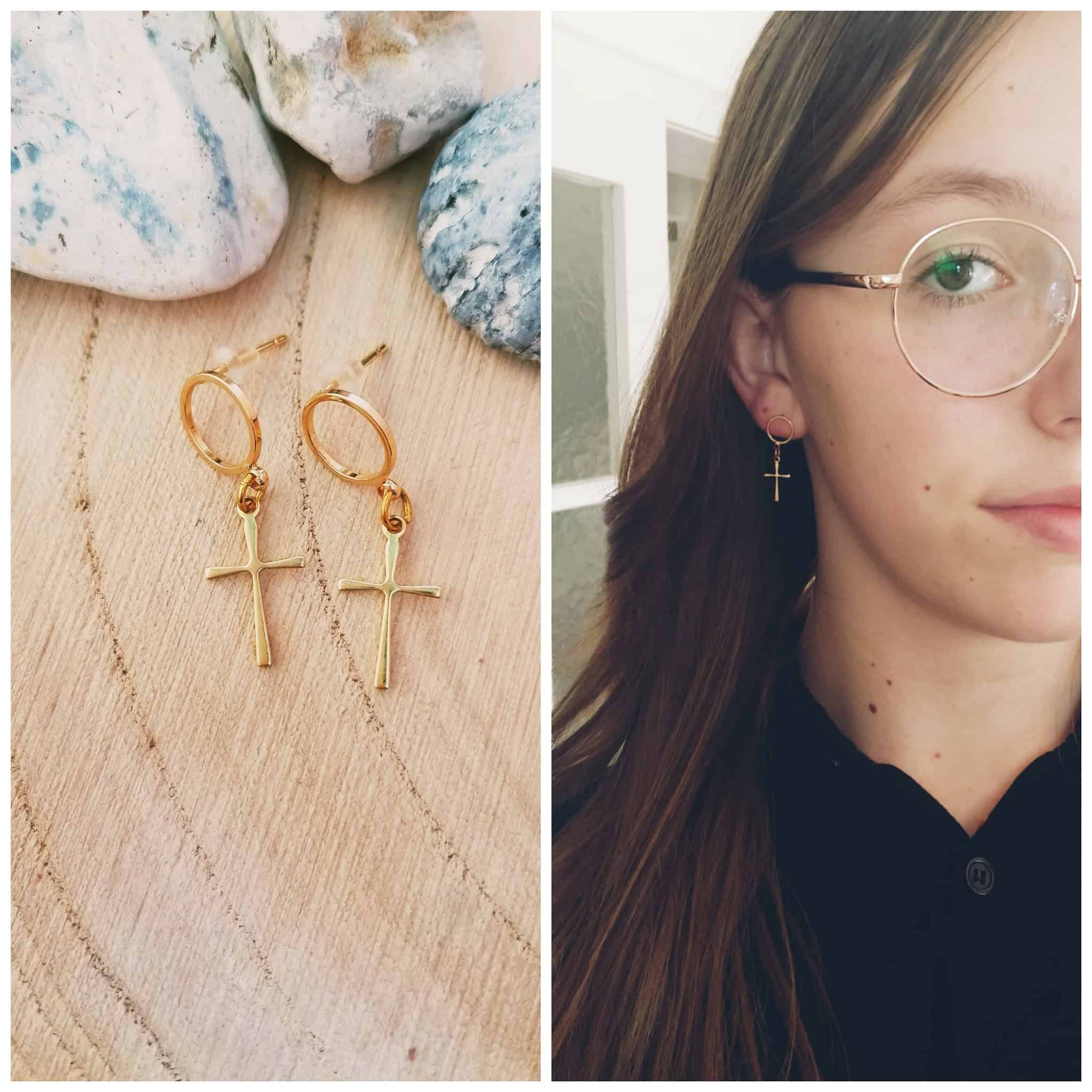 Ohrringe Kreuz 3 Christliche Ohrringe mit Kreuzdesign, elegant, goldfarbene Schmuckstücke.