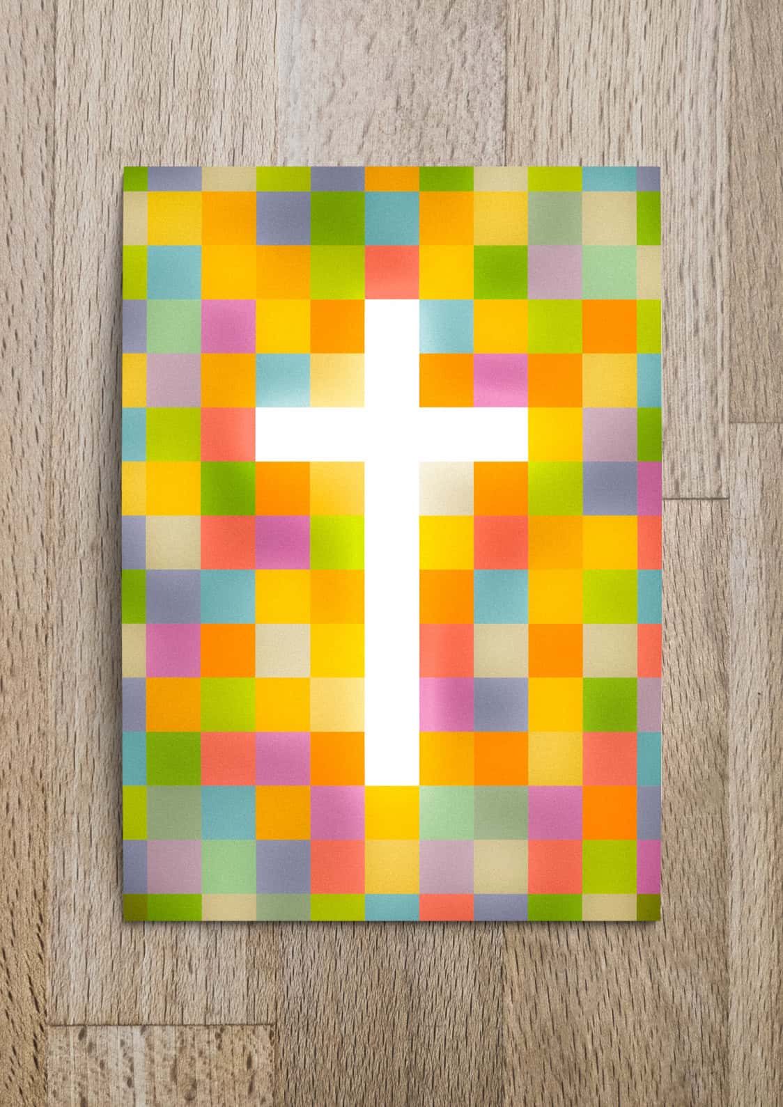 Osterkarten Super-Set: 5 verschiedene Motive 14 Vielfaltige bunte Pixelkreation mit christlichem Kreuzsymbol auf Mookho.de.