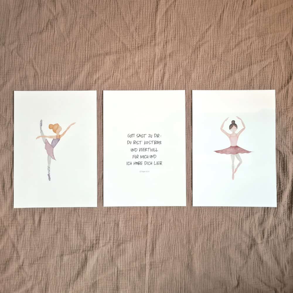 3er-SET POSTER "Ballerinas" (DIN A4) 1 Elegante Ballettkarten mit Bibelvers, christliche Grußkarten, Glaube und Inspiration.