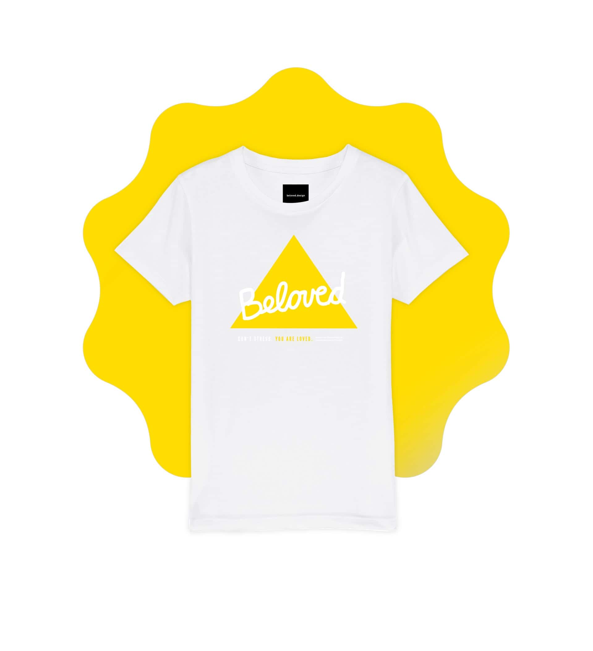Special Edition: BELOVED | Kinder T-Shirt | weiß | Fairwear Qualität 10 Glaubens T-Shirt mit gelbem Dreieck und Bibelspruch, christliche Mode, religiöse Kleidung.