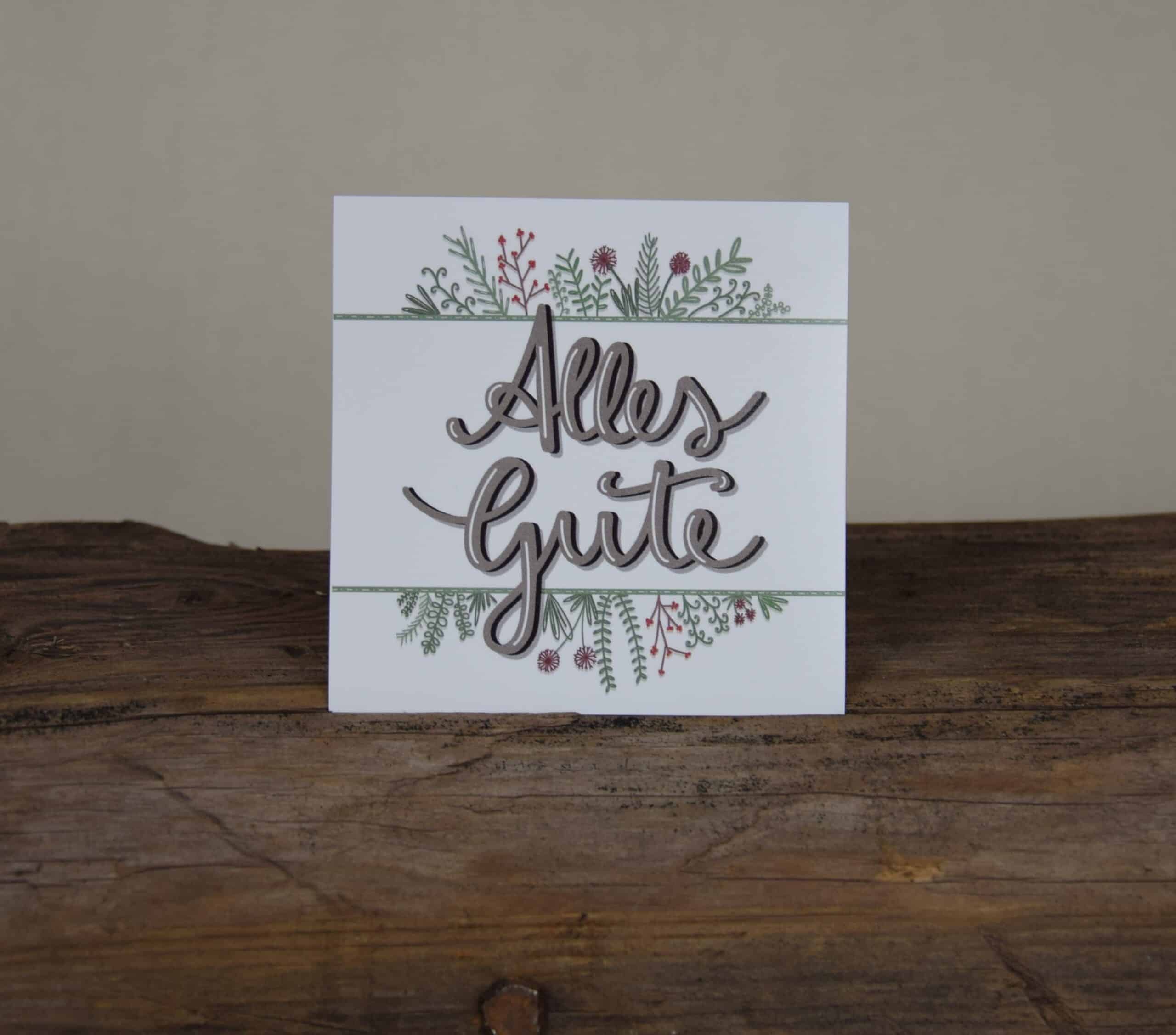 Gottesdienstgrußkarte mit pflanzlichem Design und "Alles Gute" Schriftzug für Christen.