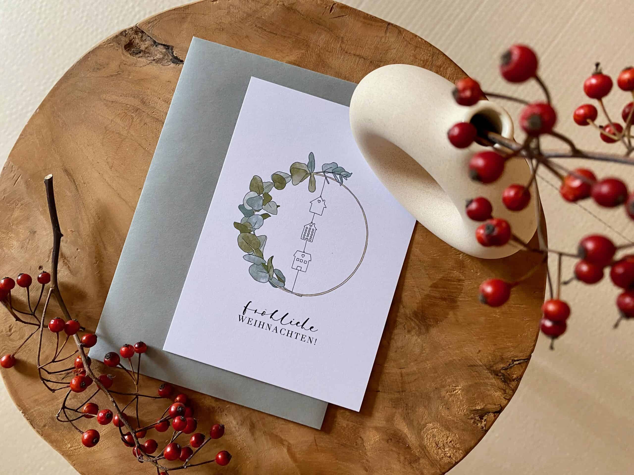 Kartenset Weihnachten (3er Set) 2 Geschenk Weihnachtskarte mit Eukalyptus und Weihnachtsmotiven, christliche Grußkarte.