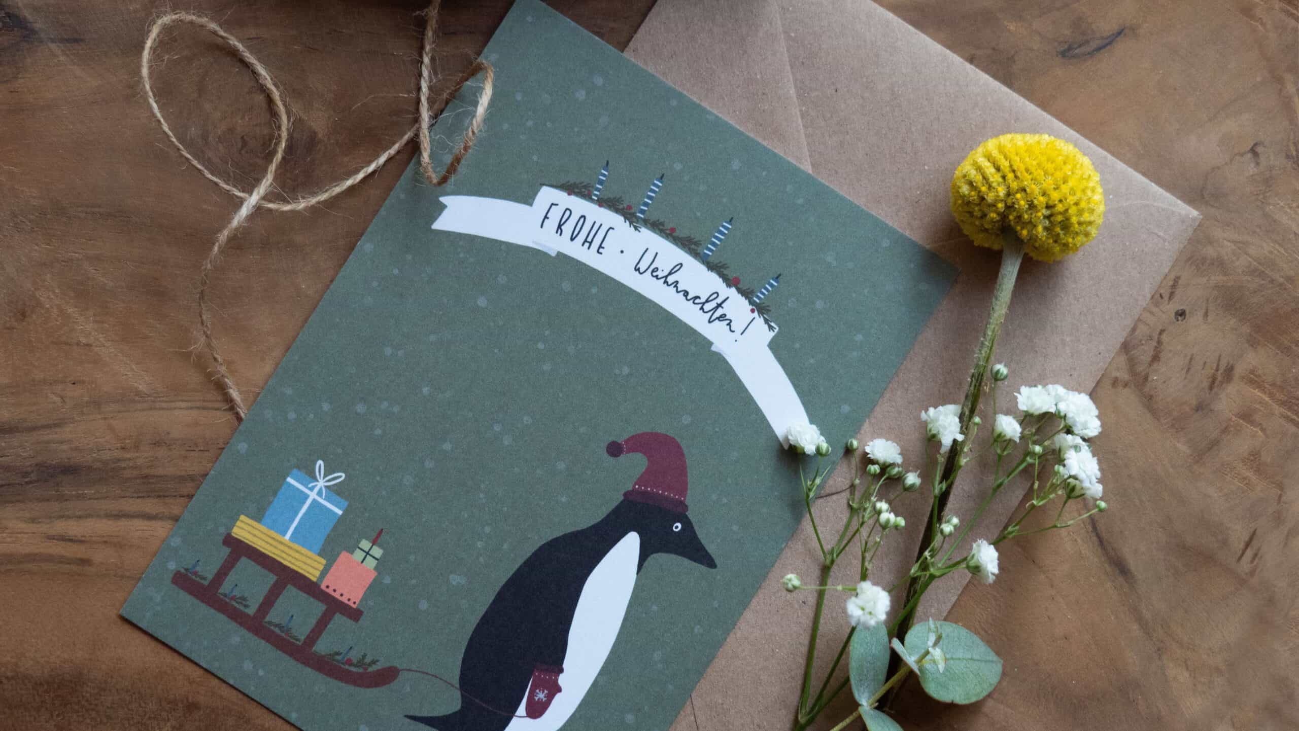 Kartenset "Tiere" (5er Set) 2 Frohe Weihnachten Karte mit Pinguin und Geschenken, Weihnachtsgrüße, christliche Feiertage.