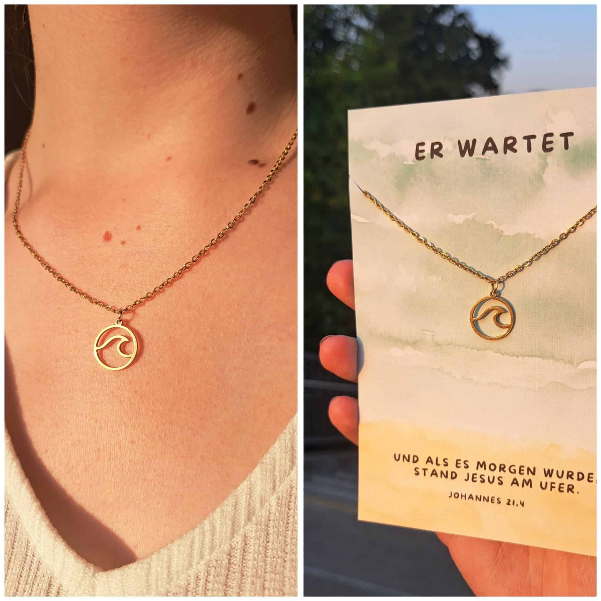 Halskette "Er wartet" 2 Strandkette mit Wellenanhänger, christliche Schmuck, Edelmetall, Mookho.de.