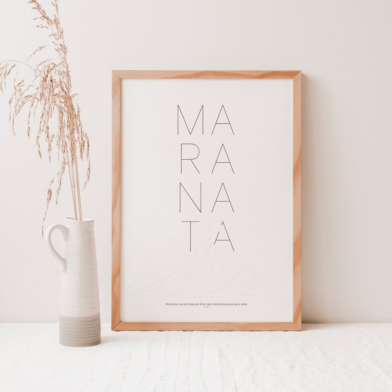 Maranata– Poster 50x70cm 1 Minimalistische Bibel-Weberdeko im Holzrahmen, christliche Innendekoration.