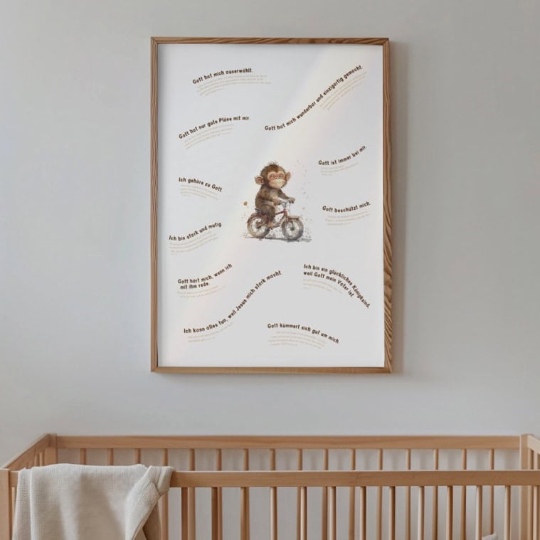 Mutmachposter Affe | Zusagen Gottes | christliche Affirmationen – Poster DIN A3 2 Glaube und Gebet, christliche Kinderkunst, biblische Botschaften, christliche Dekoration, christliche Kinderzimmer, christliche Wandbilder, religiöse Kinderbilder, christliche Kinderkunstwerke, biblische Verse, christliche Raumdekoration.