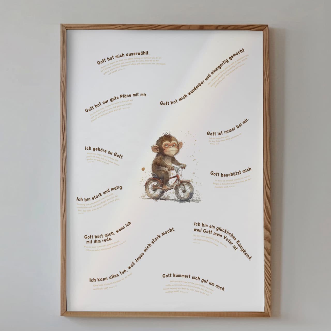 Mutmachposter Affe | Zusagen Gottes | christliche Affirmationen – Poster DIN A3 1 Gottesbilder für Kinder, christliche Inspiration, kindgerechte religiöse Wanddekoration.