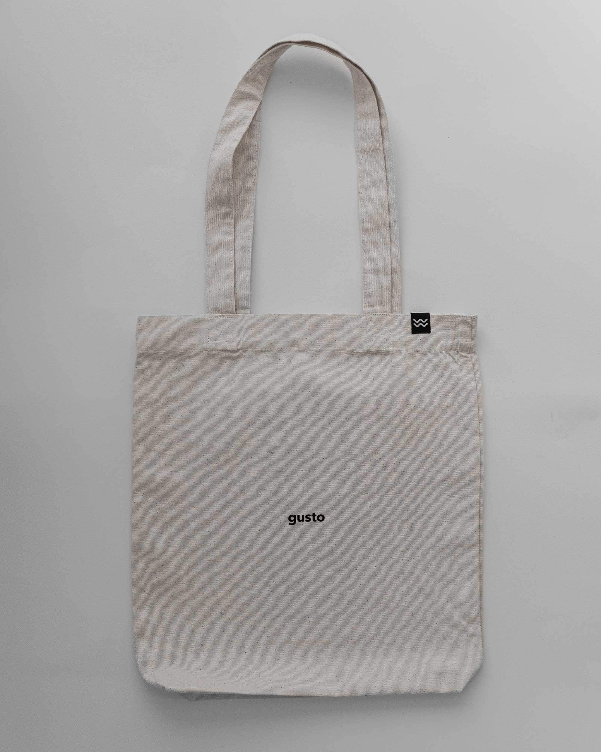 Nachhaltige Baumwolltasche mit "gusto" Schriftzug für christliche Marken.
