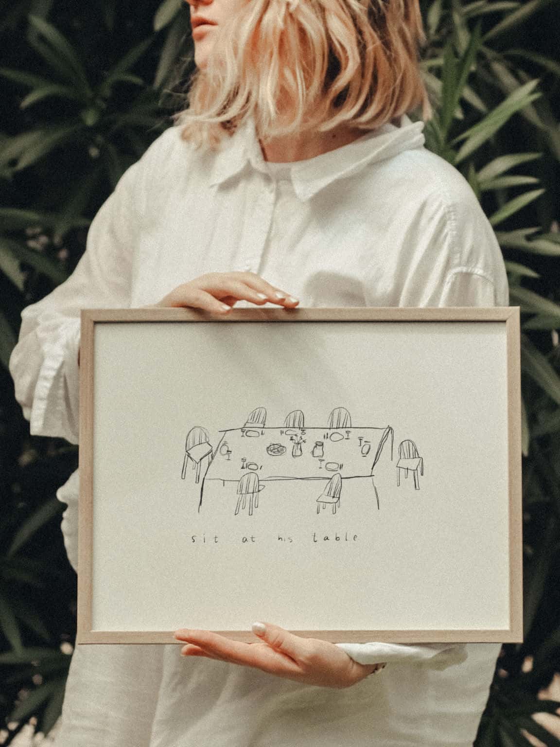 Poster "Sit at his table" 13 Gebetsbild mit Christlichem Motiv, christliche Kunst, Glauben und Spiritualität, christliche Dekoration.