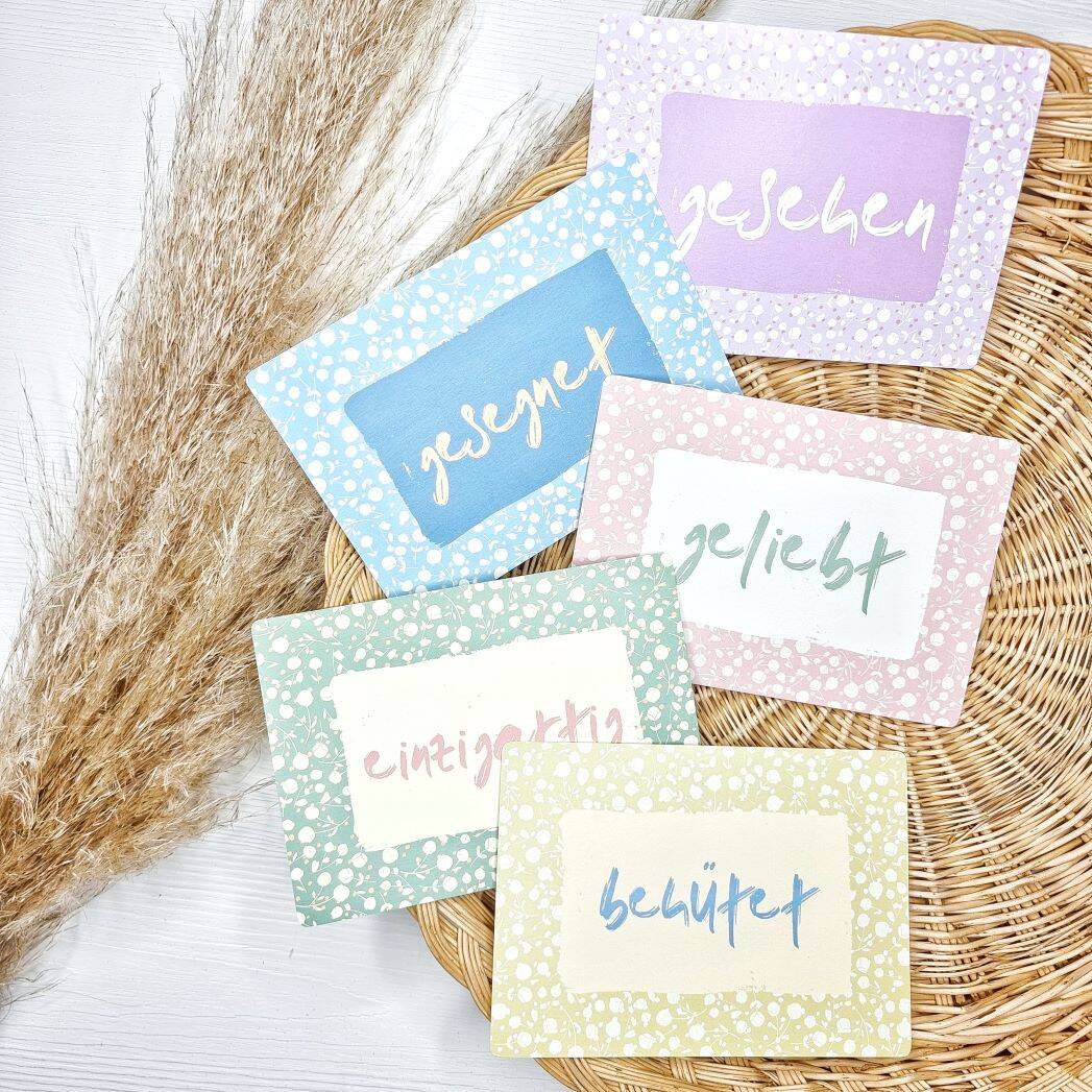 Würdeworte Postkartenset 2 Bunte christliche Grußkarten mit inspirierenden Bibelversen für jeden Anlass.