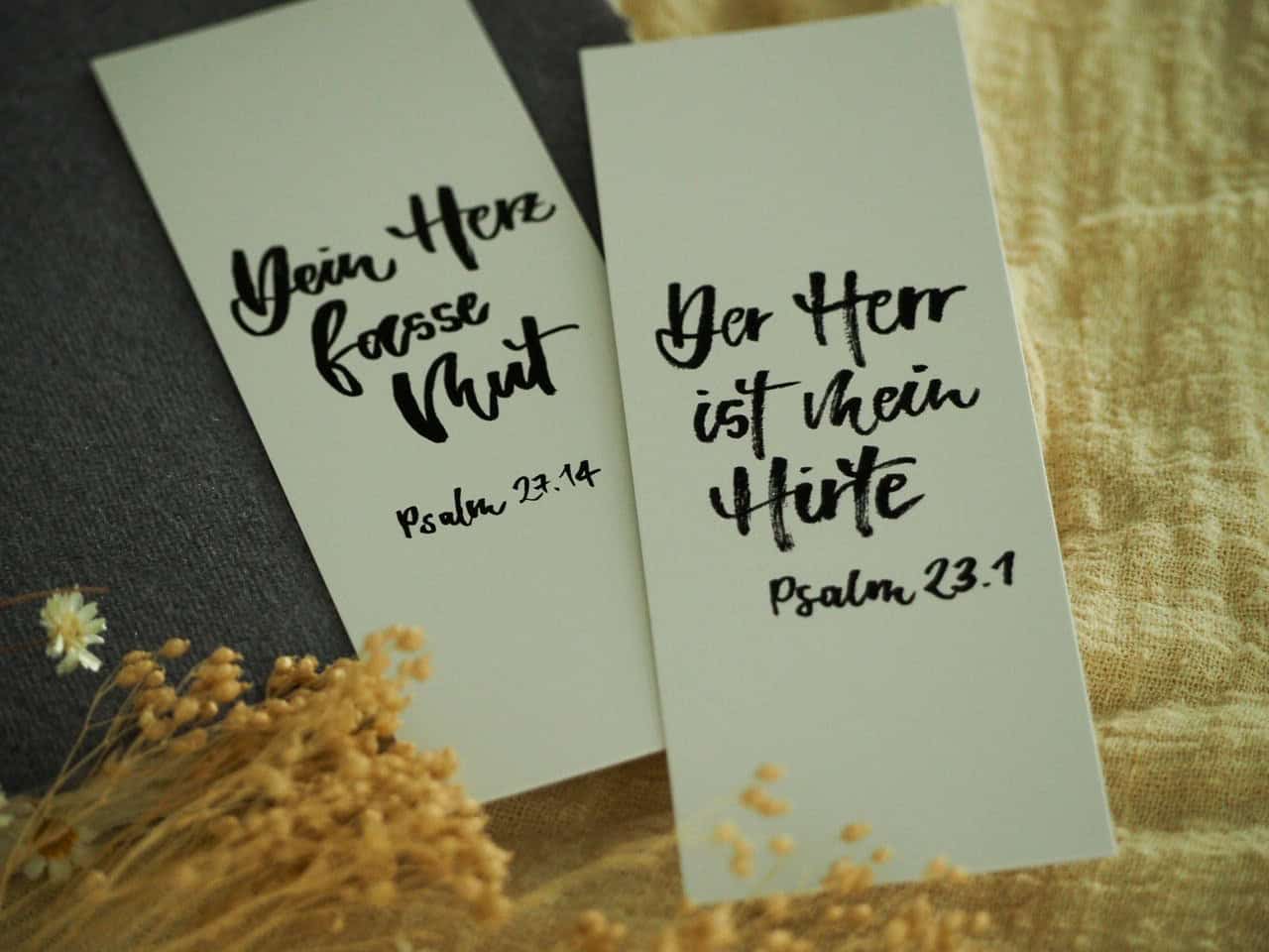 Lesezeichen, Ermutigung, Psalmen 4er Set 4 Glaubenszitate auf christlichen Grußkarten, Bibelverse Psalm 22.14 & 23.1.