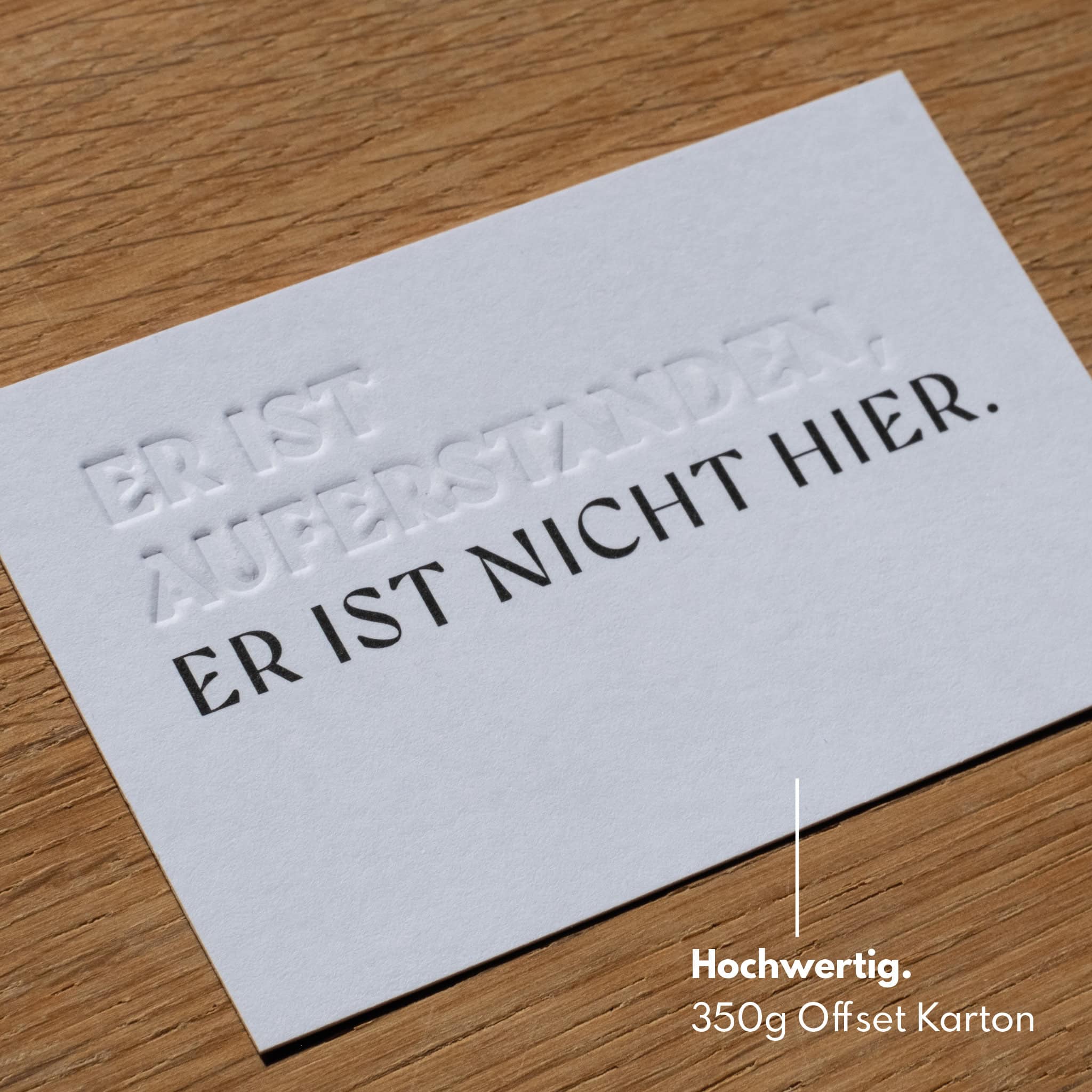 MiniCard für Ostern. Er ist auferstanden. Er ist nicht hier. 12 Hochwertige christliche Grußkarte mit embossiertem Text und nachhaltigem Offsetkarton.