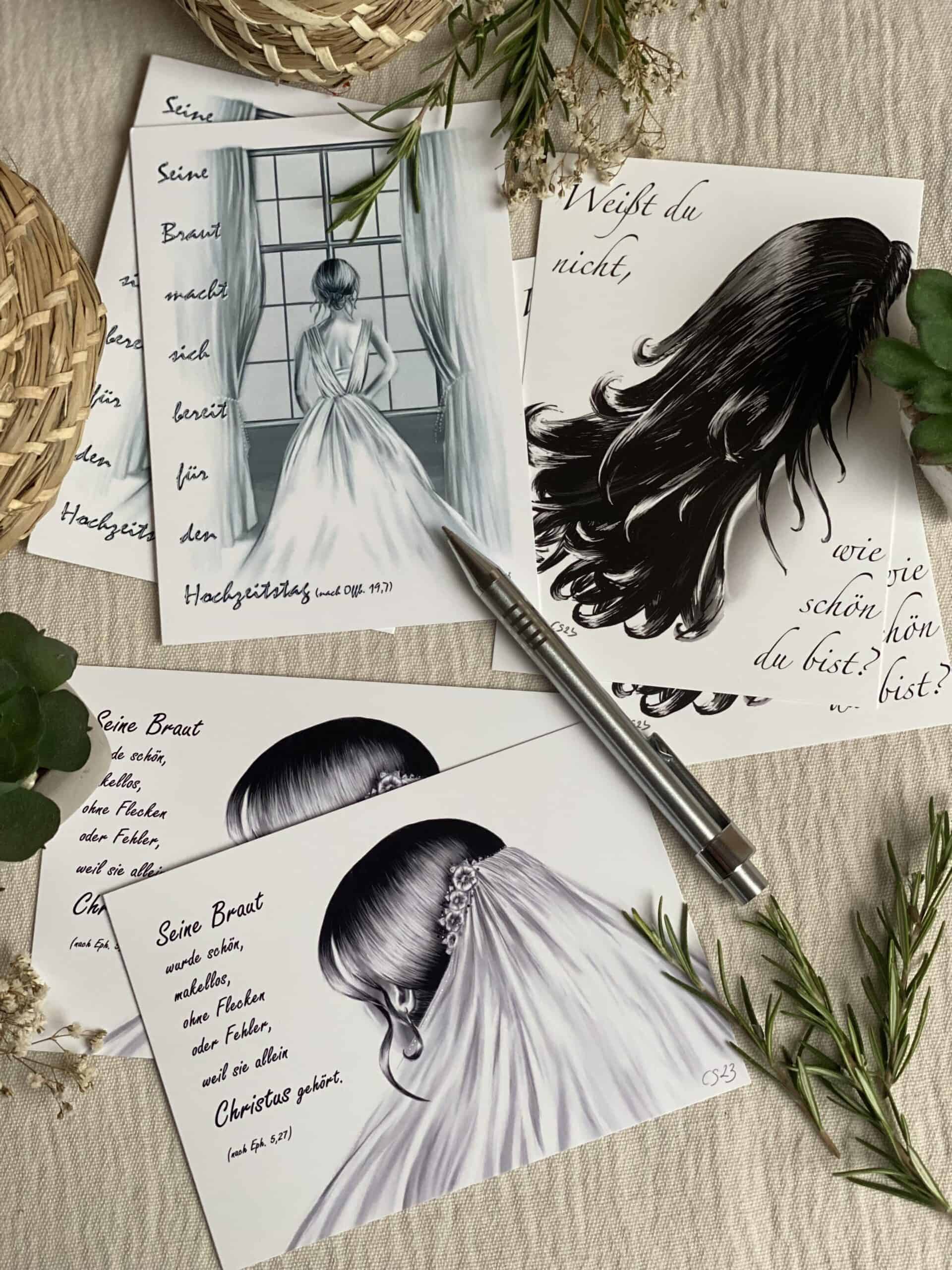 Hochzeitskarten für christliche Braut mit religiösen Zitaten, elegante Silber-Loops, christlicher Gruß.