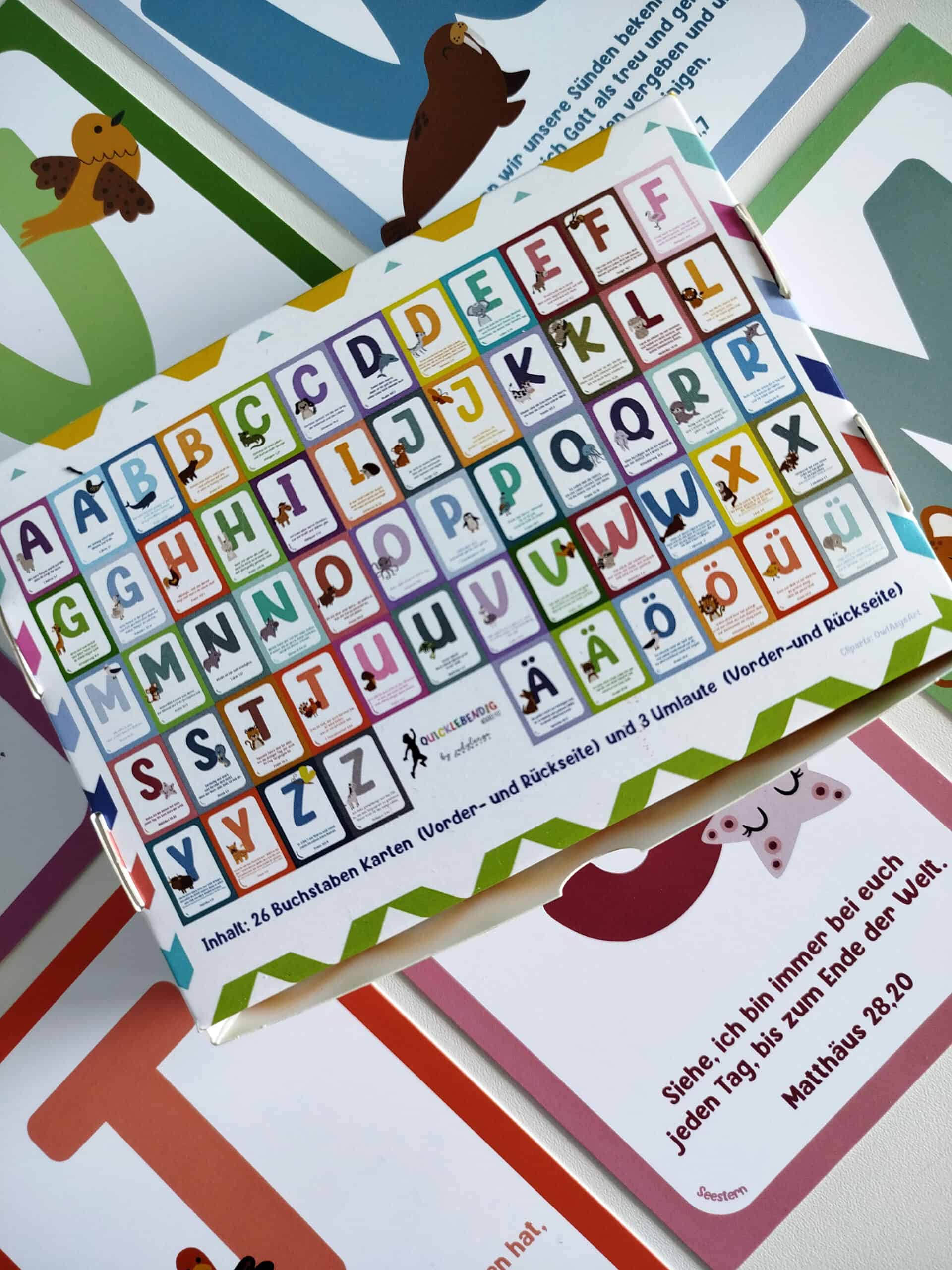 ABC Karten mit Bibelversen (Set) 3 Spielkarten für Kinder mit religiösen Motiven, geeignet für christliche Erziehung.