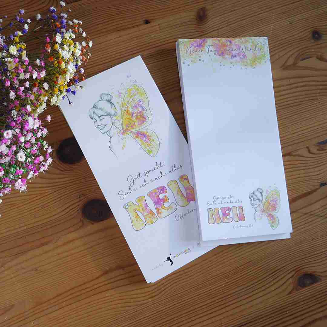 Siehe, ich mache alles NEU - Block 1 Bunte biblische Grußkarten mit Engelmotiv und Blumen, christliche Grüße, themenbezogen.