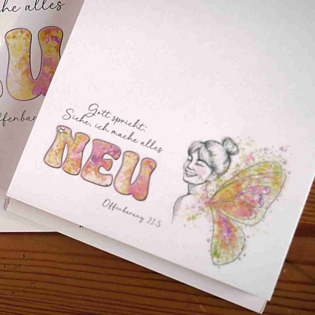 Siehe, ich mache alles NEU - Block 2 Biblische Grußkarte mit Engel- und Schmetterlingsillustration für Christen, personalisierte Grußkarte.