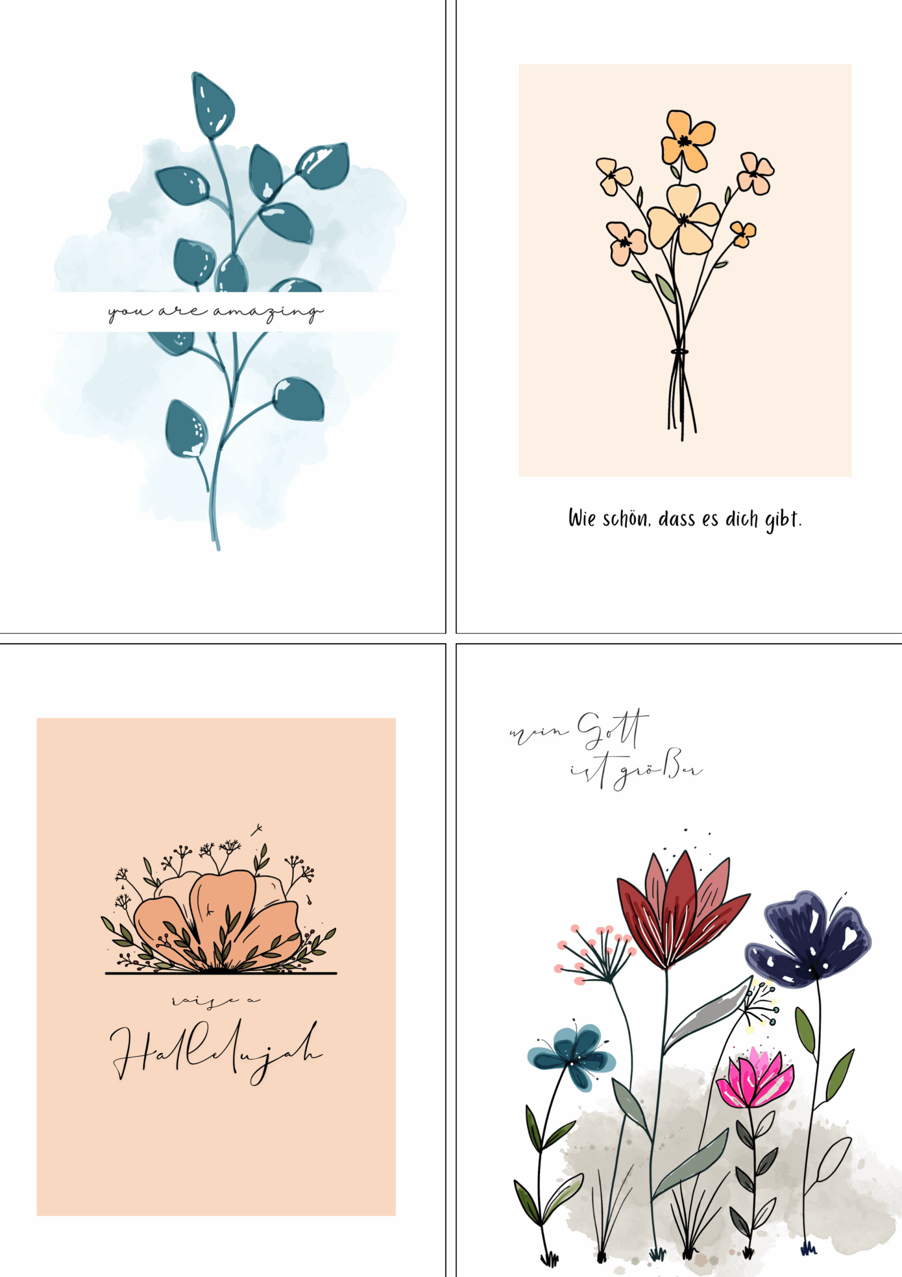 Postkarten 11er-Set 5 Blumenillustration mit christlichem Design, spirituelle Grußkarten, christliche Botschaften.