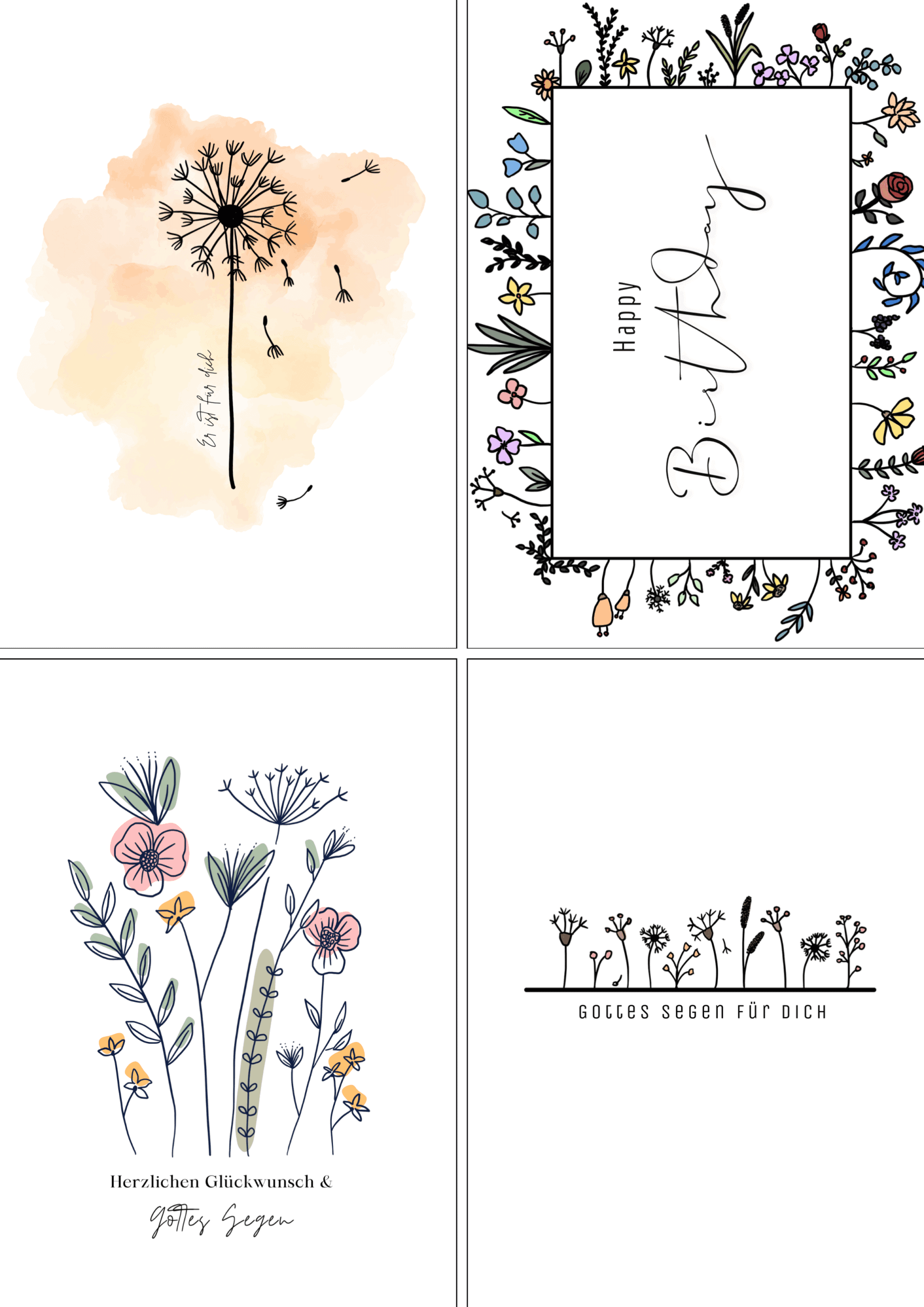 Postkarten 11er-Set 4 Dünne Dandelion-Wiese mit Spruch, göttliche Segenswünsche, christliche Grußkarten.