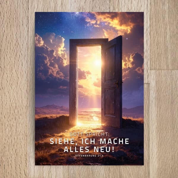 Offene Tür zu einer himmlischen Welt, symbolisiert Neuanfang und göttliche Botschaft.