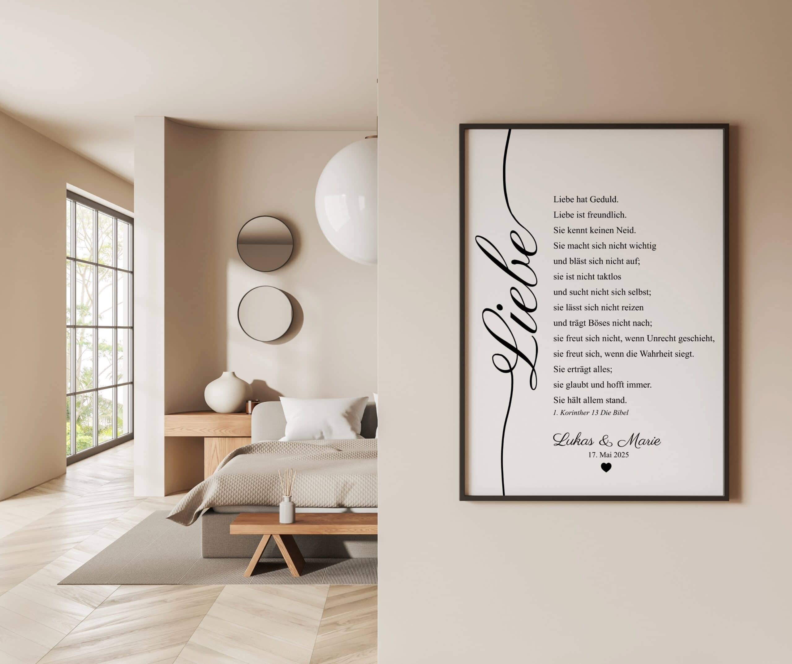 Poster Liebe 1. Korinther 13 14 Sanfte, moderne Schlafzimmergestaltung mit christlichem Liebestext im Rahmen.