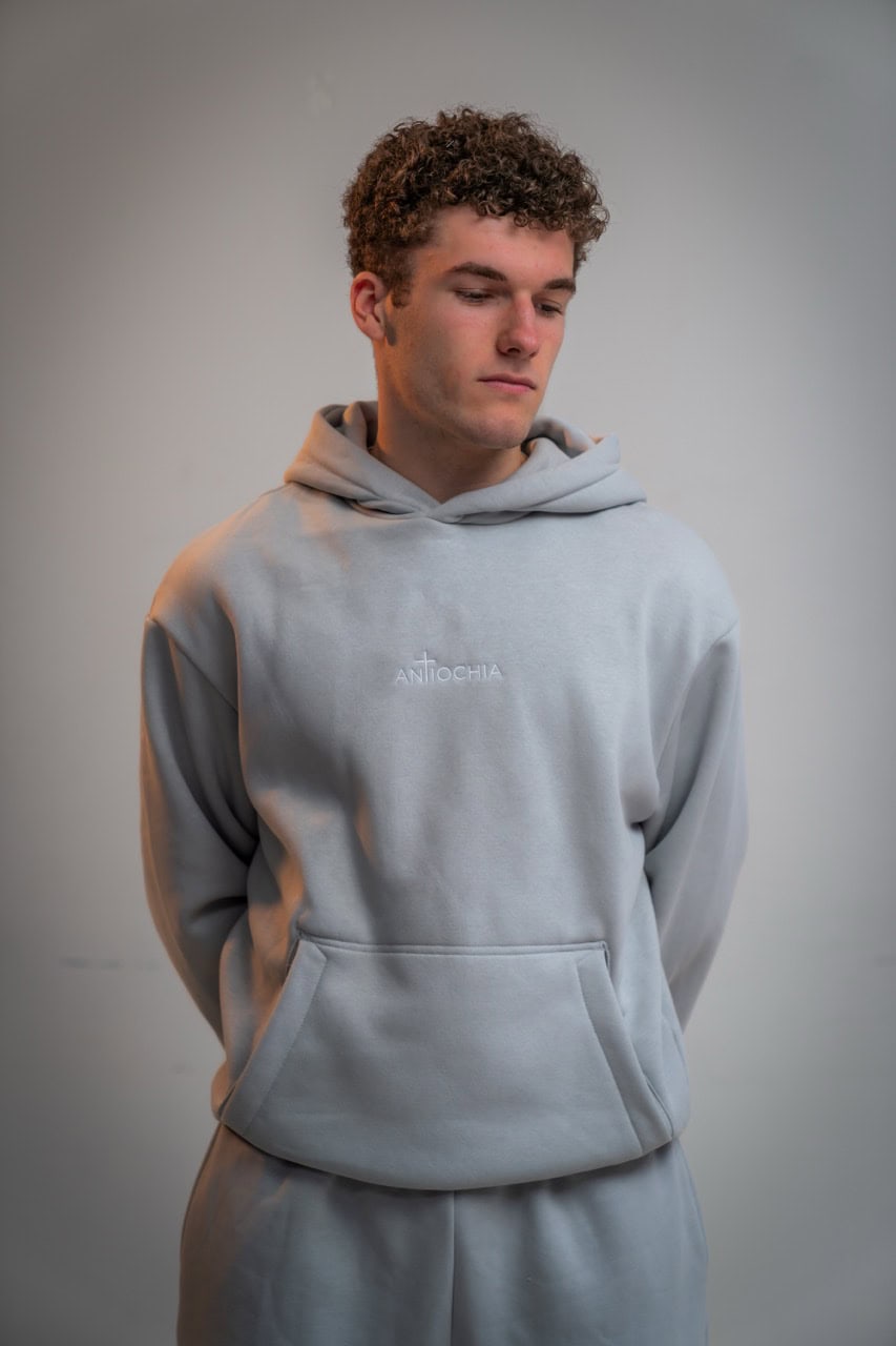 Essential Hoodie Oversized - "Petrus" 17 Moderner grauer Hoodie mit religiösem Aufdruck, christliche Mode, Pastoral Kleidung.