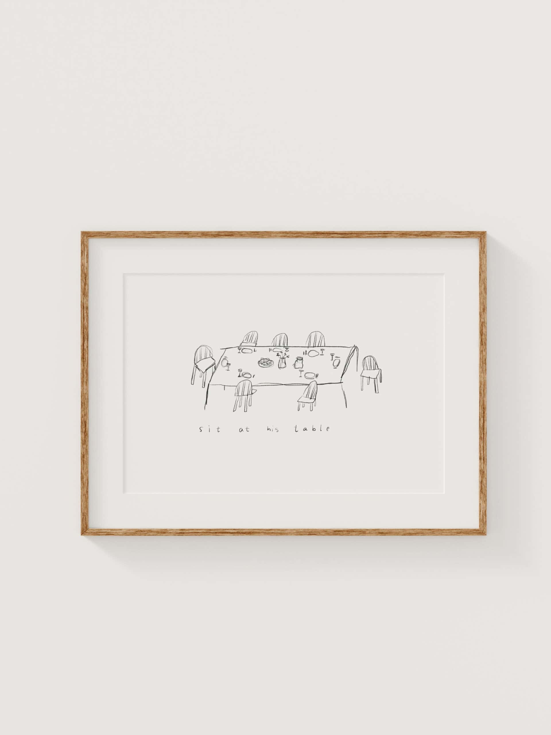 Minimalistisches Wandbild mit humorvoller Tischsituation, schönes christliches Dekor Design.